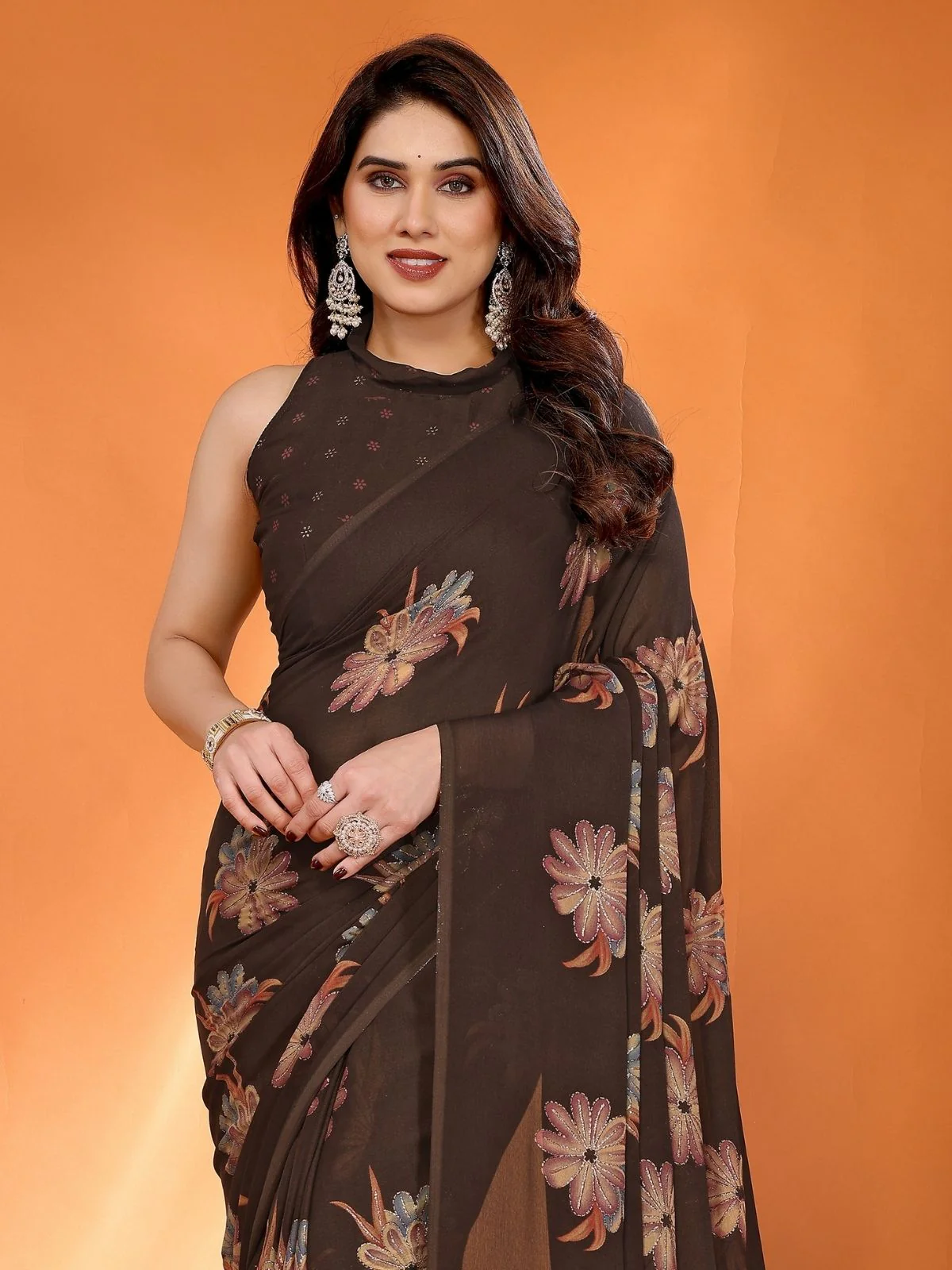Odette Brown Silk Blend Floral Print Saree For Women - Image 4