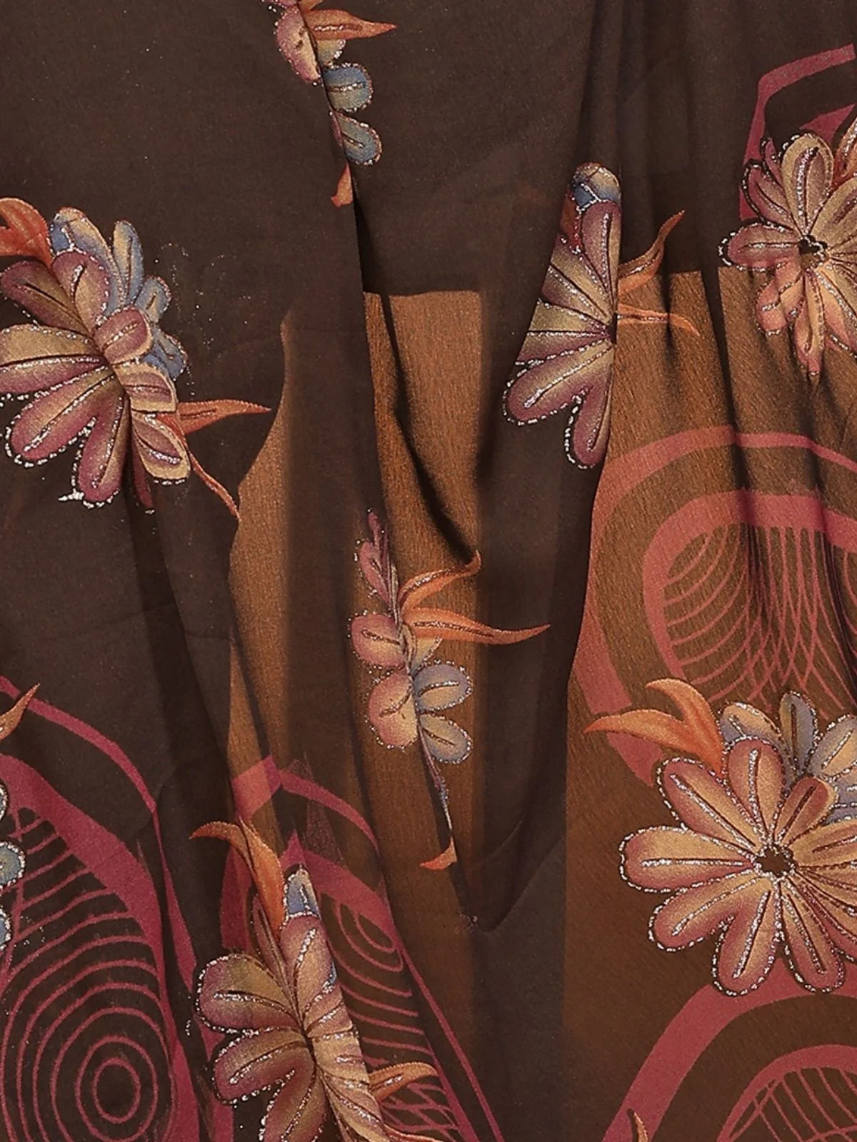 Odette Brown Silk Blend Floral Print Saree For Women - Image 5
