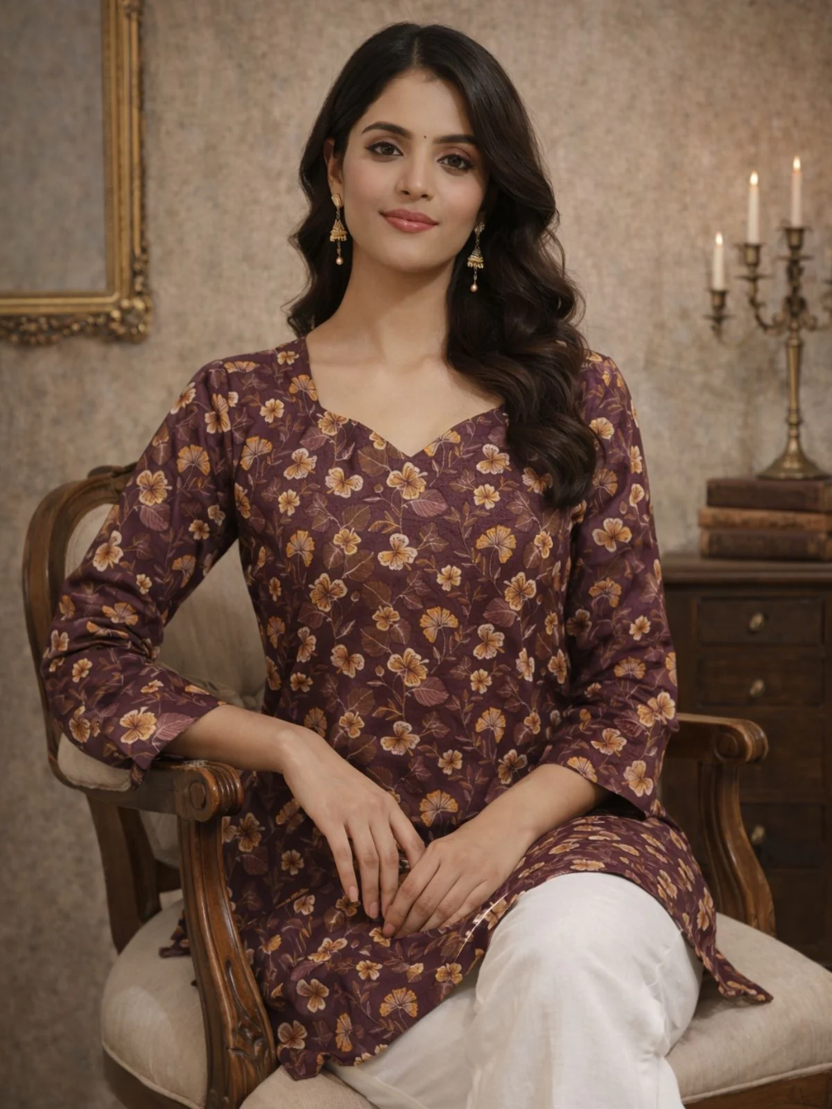 Odette Brown Silk Blend Floral Print Solid Kurti For Women - Image 2