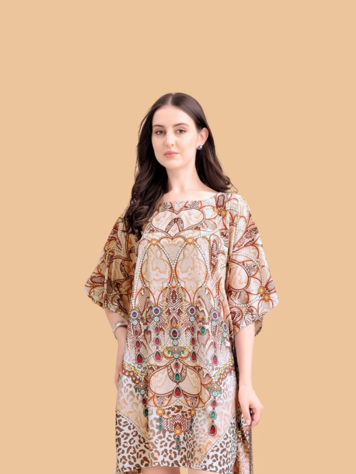 Odette Brown Silk Blend Printed Kaftan For Women - Image 4