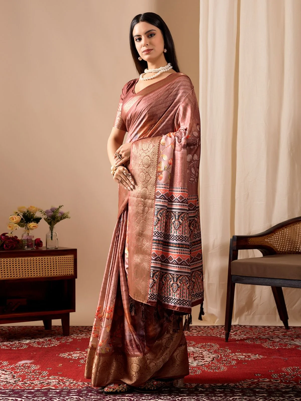 Odette Brown Silk Blend Printed Saree For Women - Image 2