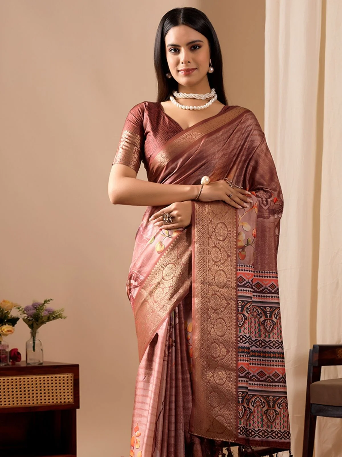 Odette Brown Silk Blend Printed Saree For Women - Image 4