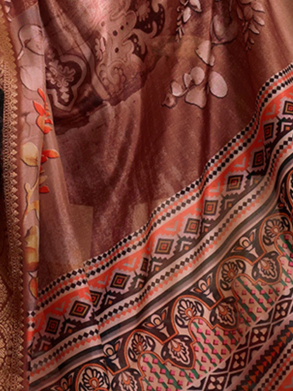 Odette Brown Silk Blend Printed Saree For Women - Image 5