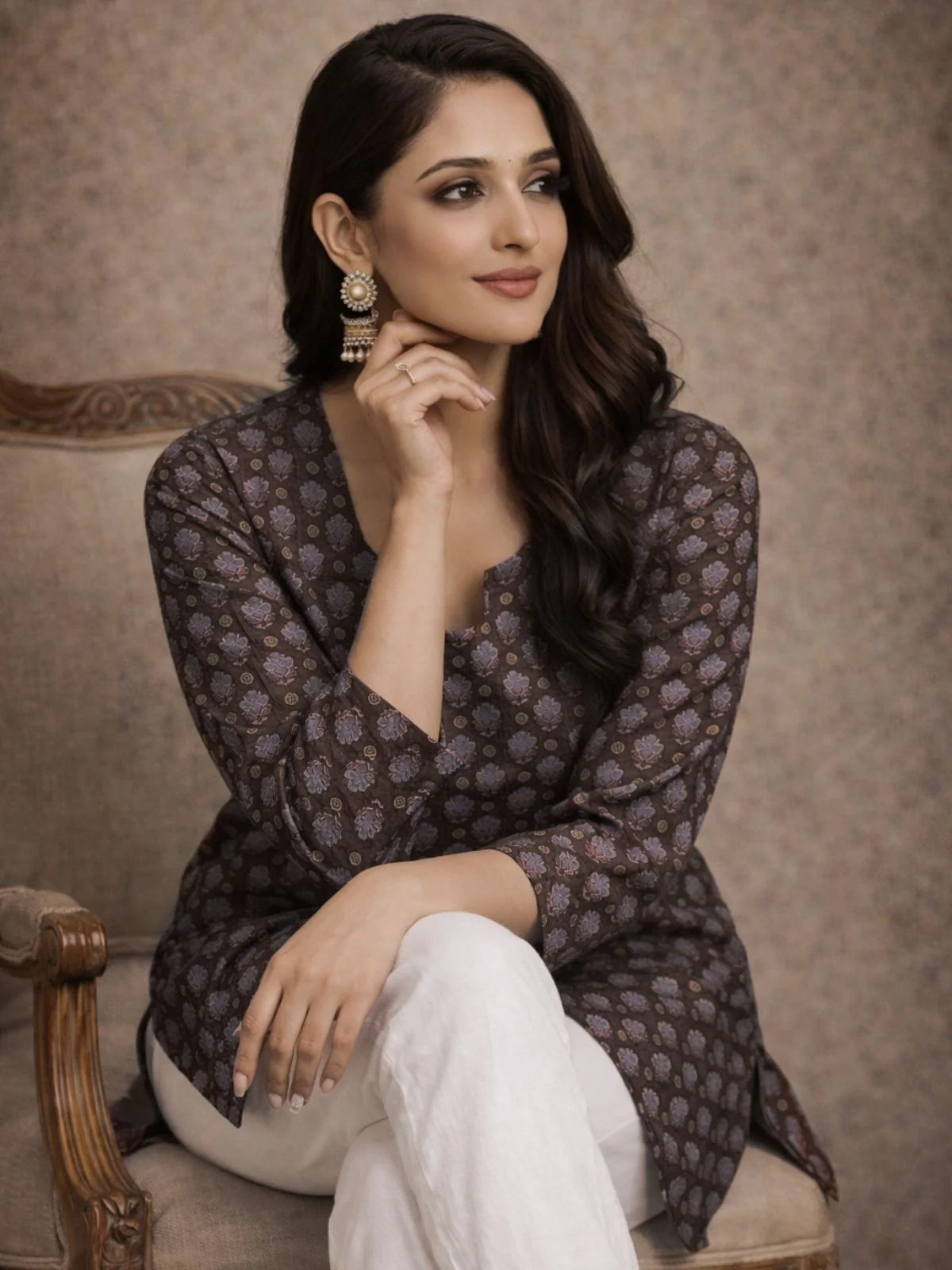 Odette Brown Silk Blend Printed Solid Kurti For Women - Image 2