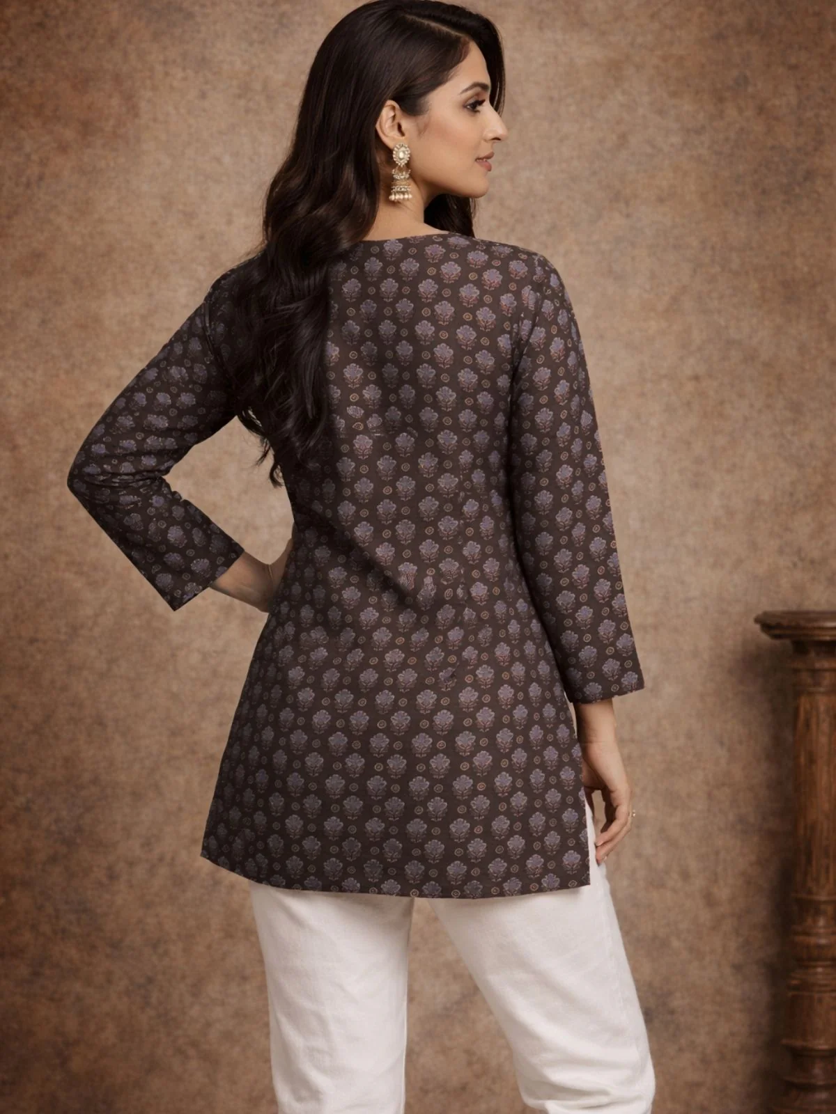 Odette Brown Silk Blend Printed Solid Kurti For Women - Image 3