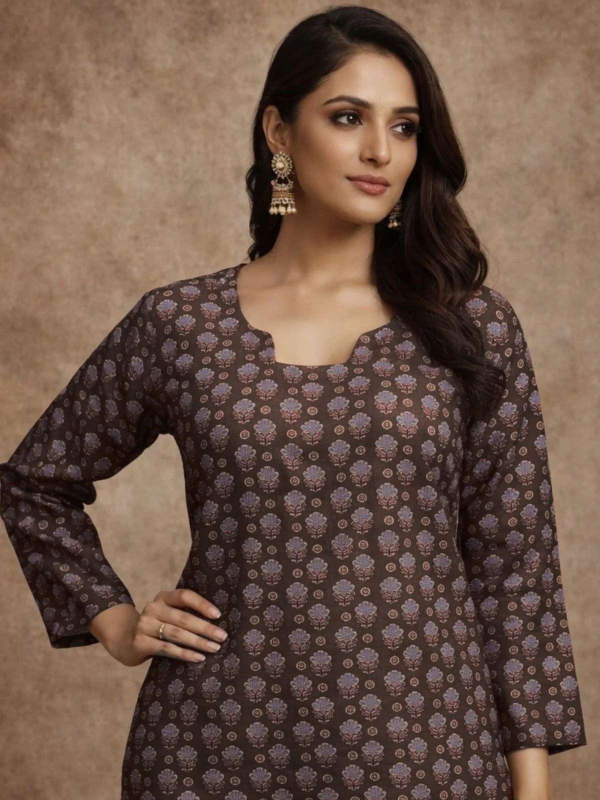 Odette Brown Silk Blend Printed Solid Kurti For Women - Image 4