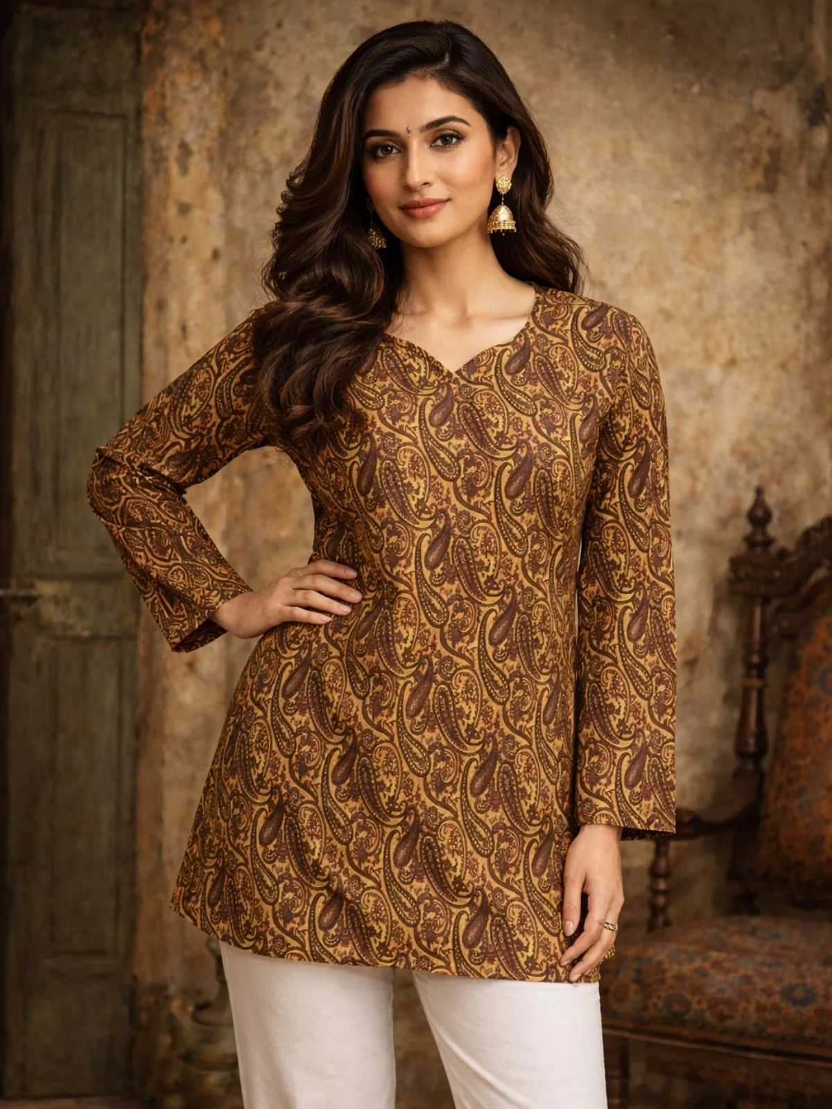 Odette Brown Silk Blend Printed Solid Kurti For Women - Image 2