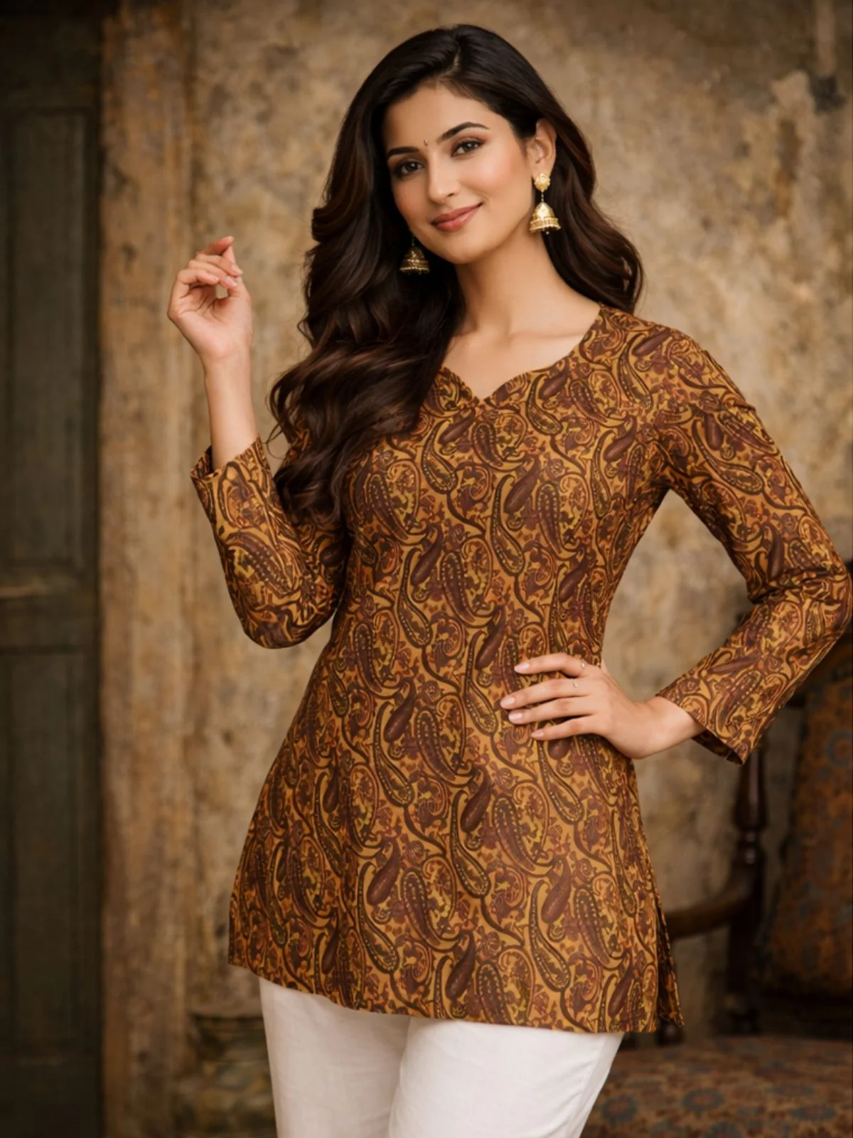 Odette Brown Silk Blend Printed Solid Kurti For Women - Image 4