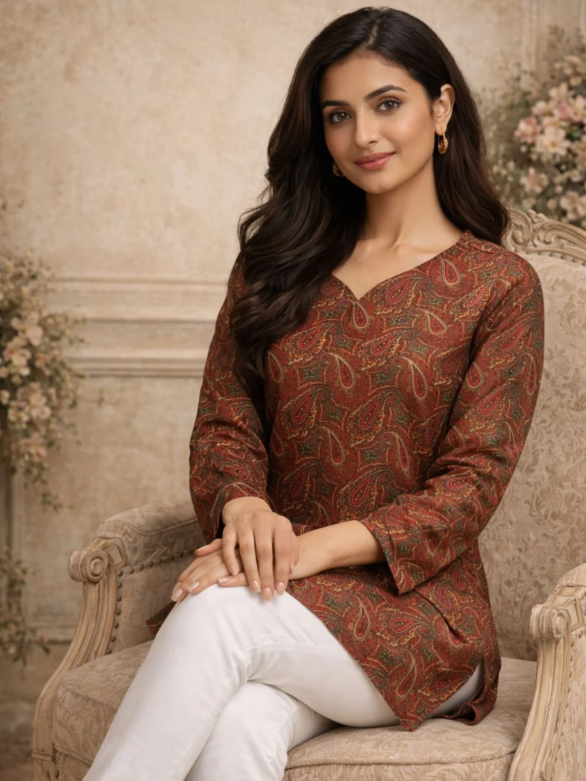 Odette Brown Silk Blend Printed Solid Kurti For Women - Image 2