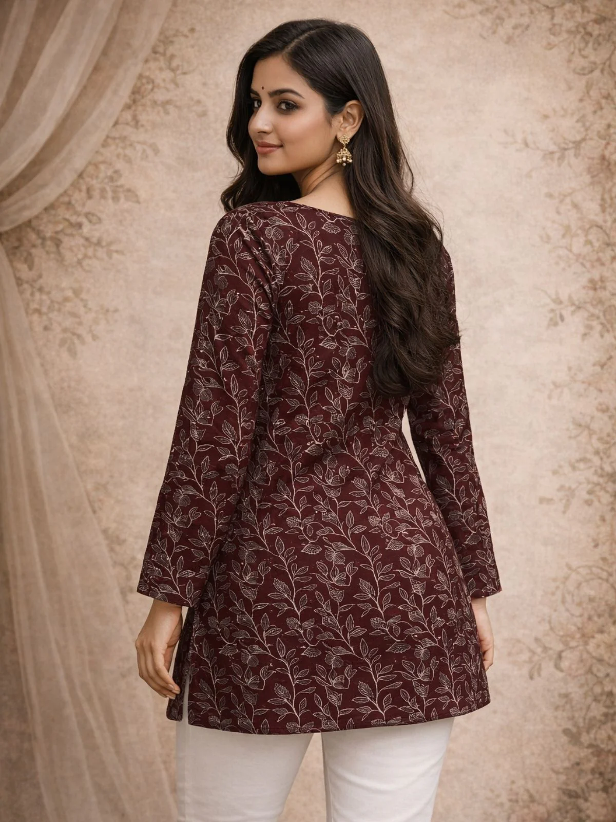 Odette Brown Silk Blend Printed Solid Kurti For Women - Image 4