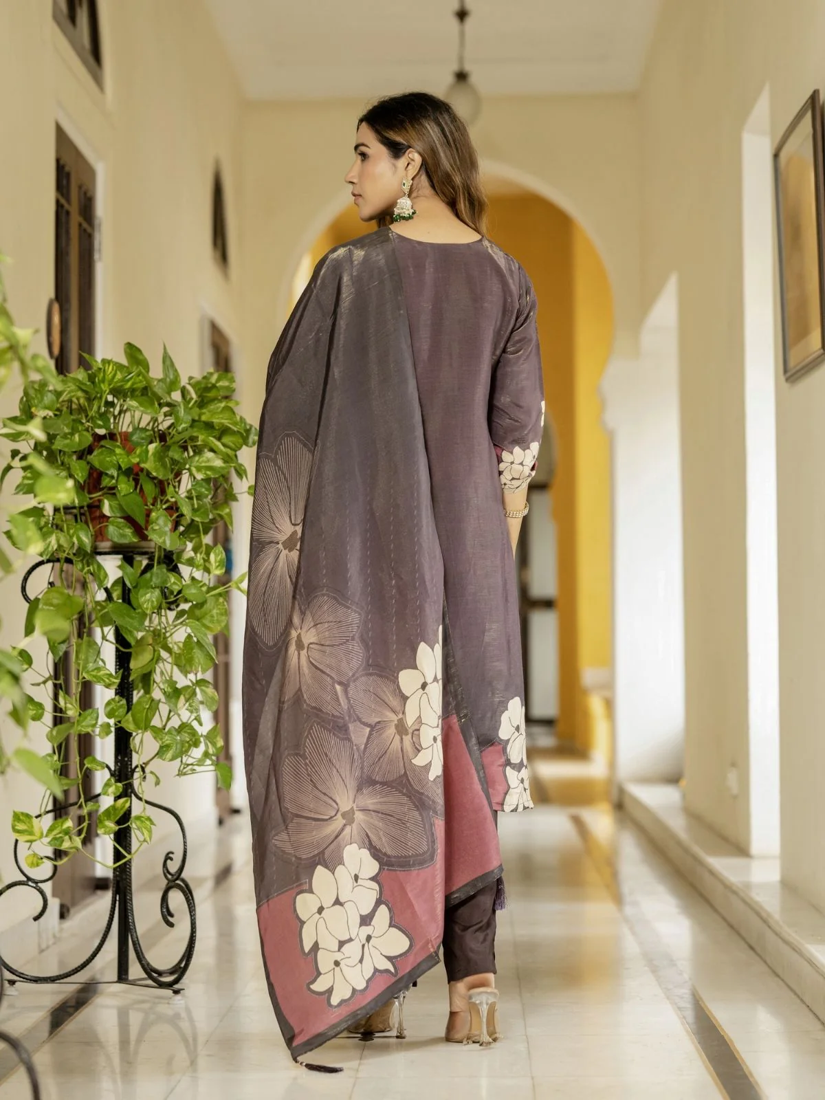 Odette Brown Silk Blend Printed Stitched Kurta Set For Women - Image 2