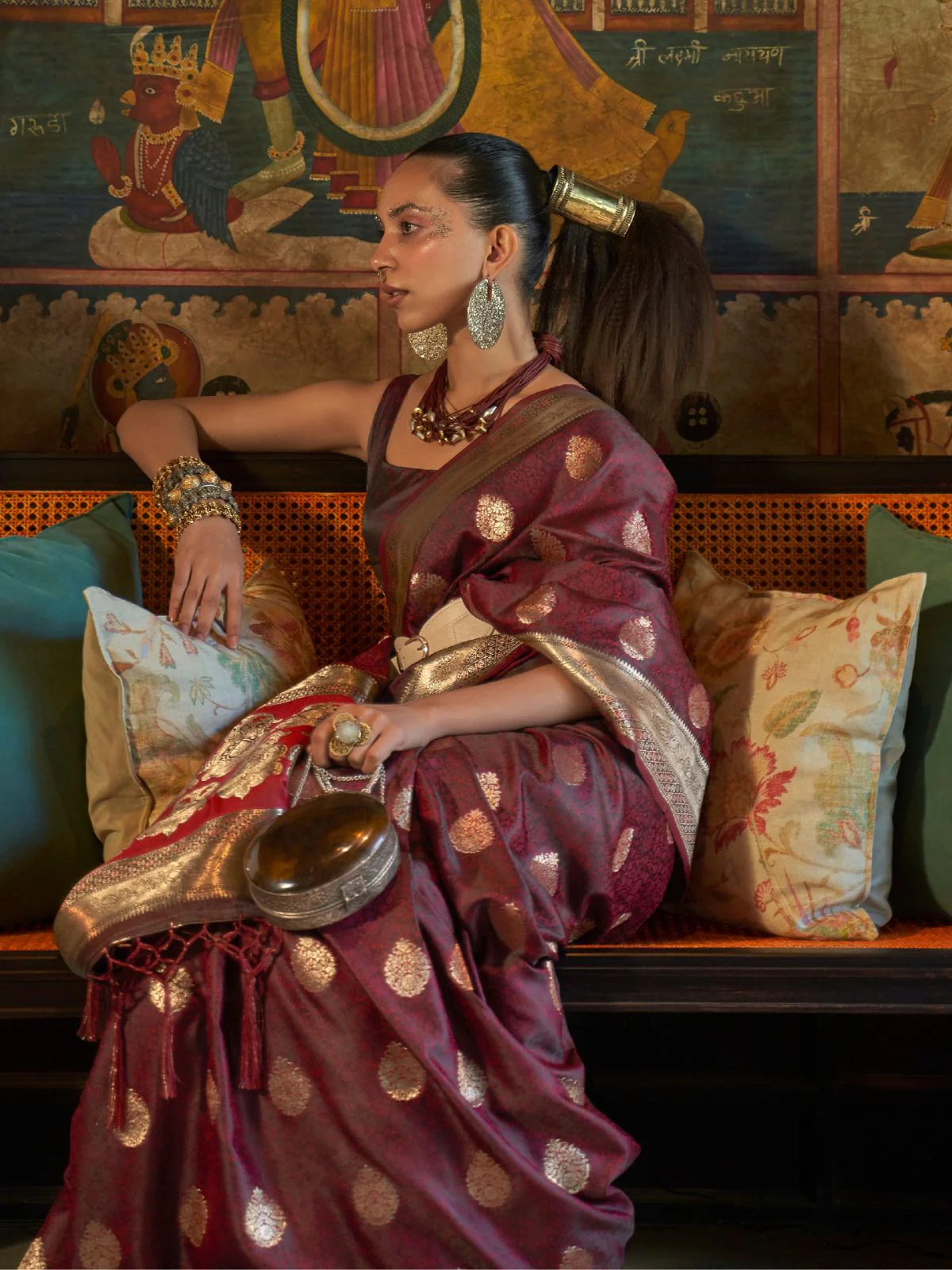 Odette Brown Silk Blend Woven Saree With Unstitched Blouse for Women - Image 2
