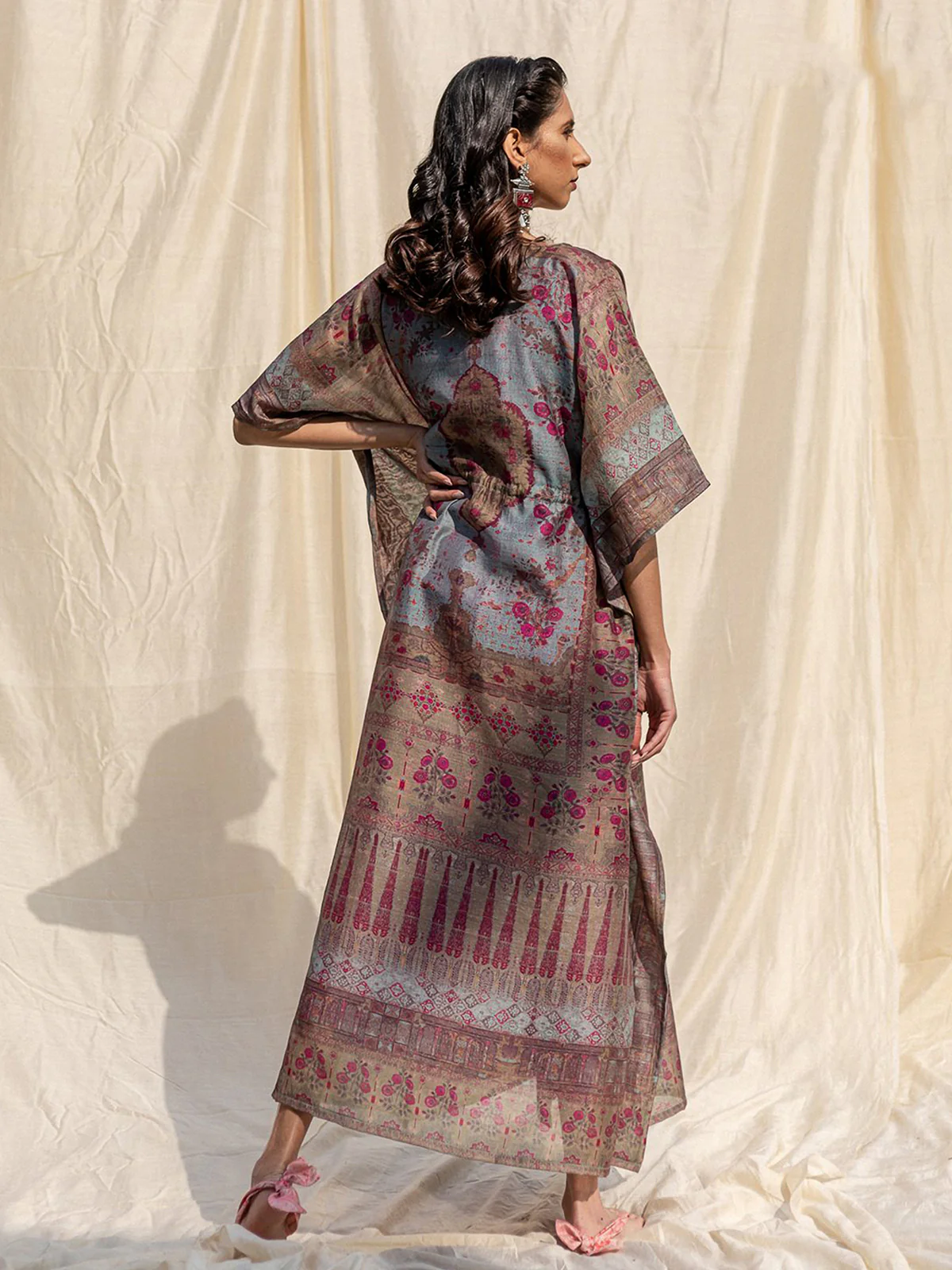 Odette Brown Silk Printed Stitched Indo Western Kaftan For Women - Image 4