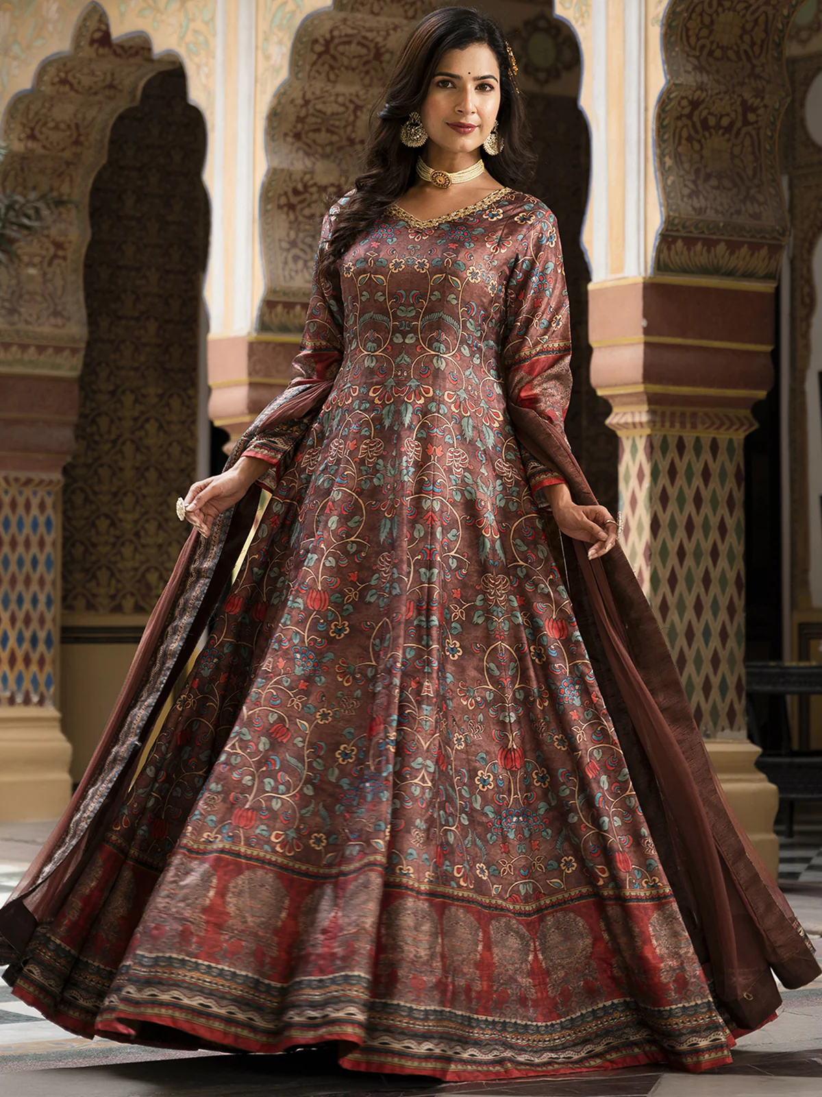 Odette Brown Silk Stitched Gown with Dupatta For Women - Image 2