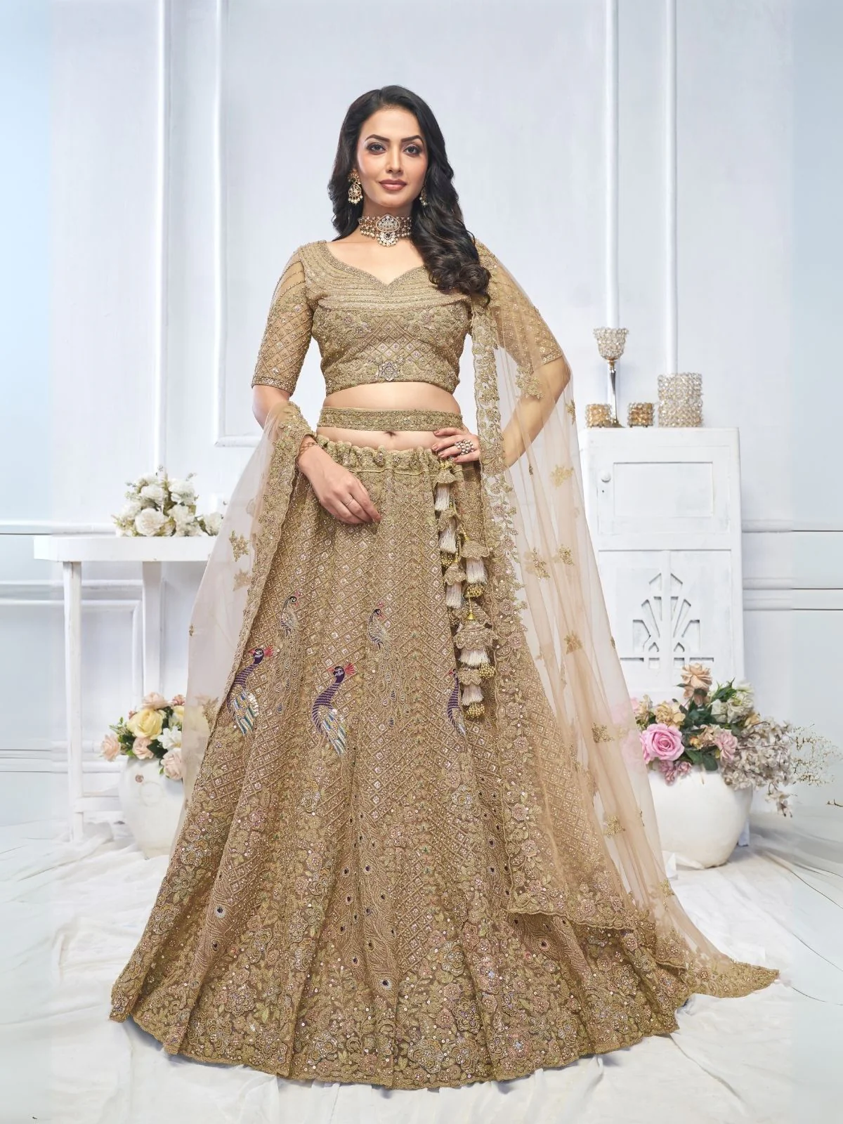 Odette Brown Soft Net Embellished Semi-Stitched Lehenga With Unstitched Blouse For Women