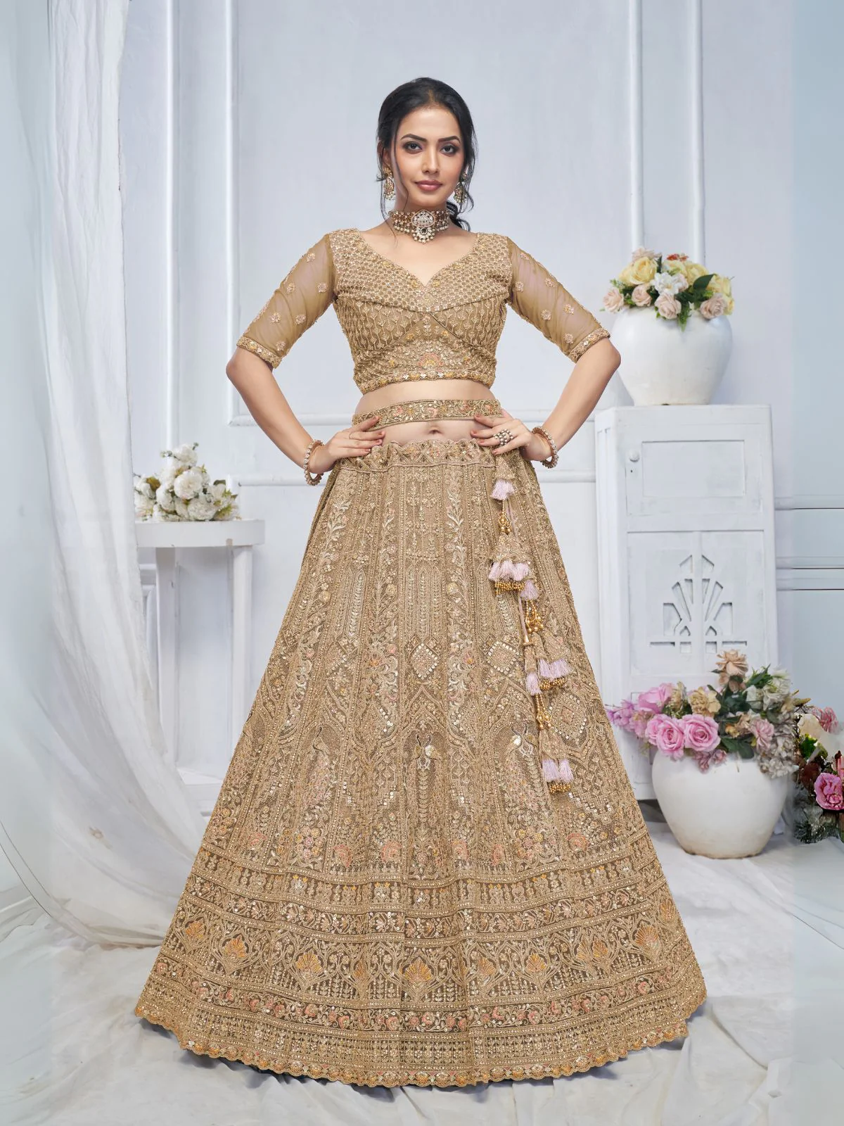 Odette Brown Soft Net Embroidered Semi-Stitched Lehenga With Unstitched Blouse For Women - Image 2