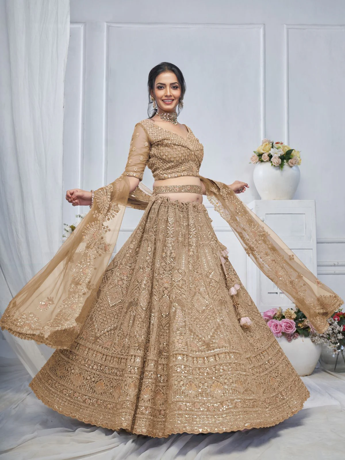 Odette Brown Soft Net Embroidered Semi-Stitched Lehenga With Unstitched Blouse For Women - Image 3