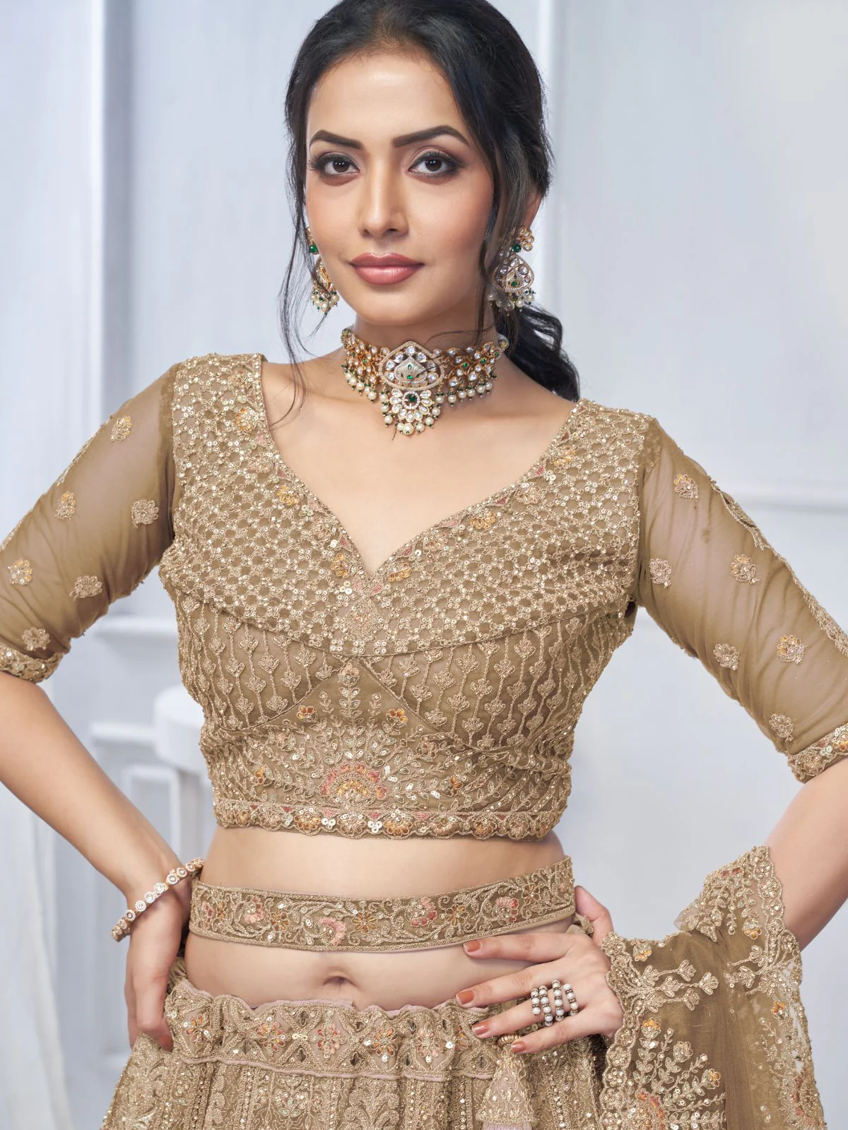 Odette Brown Soft Net Embroidered Semi-Stitched Lehenga With Unstitched Blouse For Women - Image 4