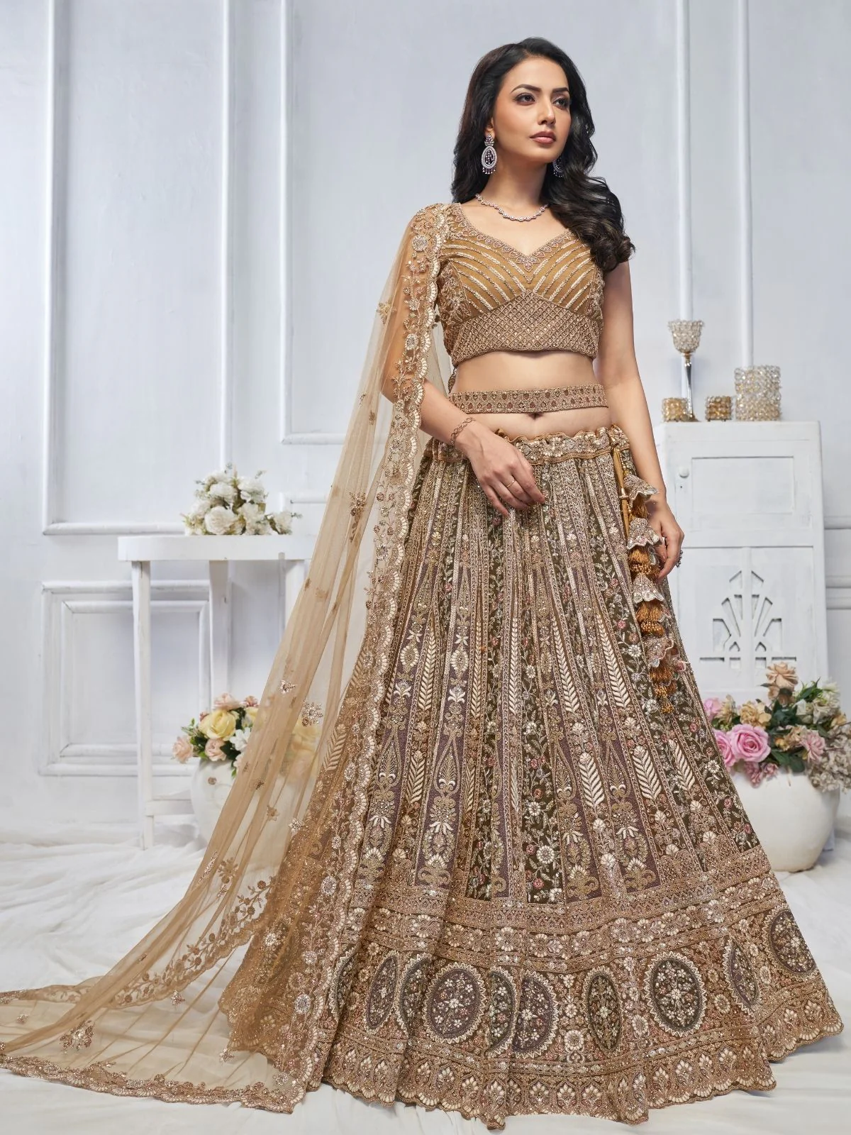 Odette Brown Soft Net Embroidered Semi-Stitched Lehenga With Unstitched Blouse For Women