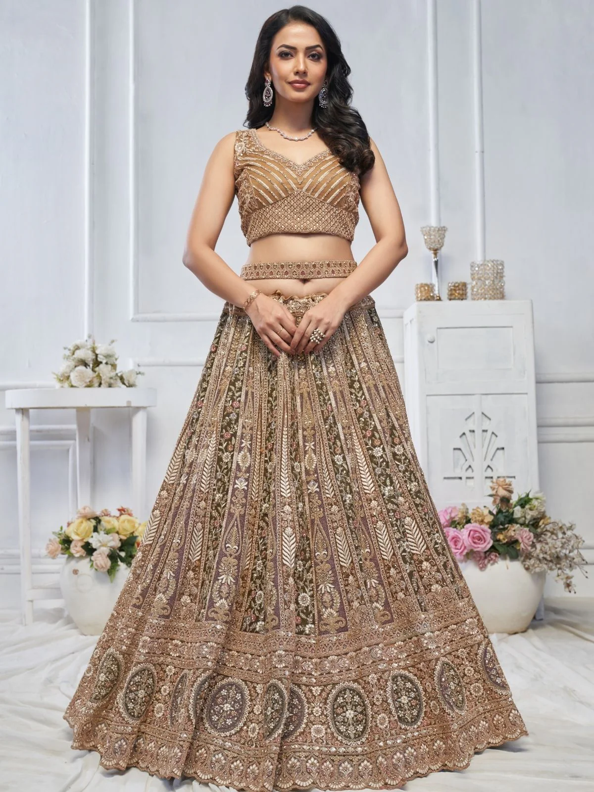 Odette Brown Soft Net Embroidered Semi-Stitched Lehenga With Unstitched Blouse For Women - Image 2