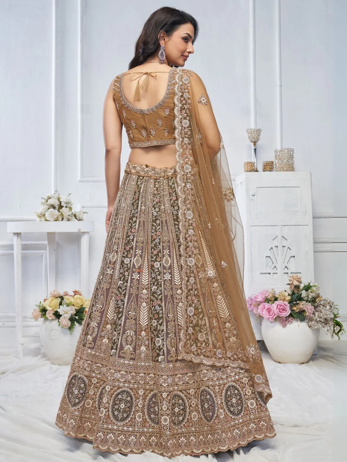 Odette Brown Soft Net Embroidered Semi-Stitched Lehenga With Unstitched Blouse For Women - Image 5
