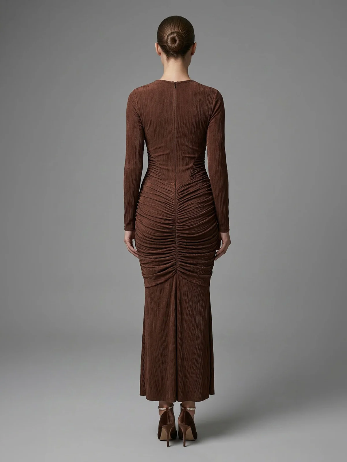 Odette Brown Soft Net Solid Dresses For Women - Image 3