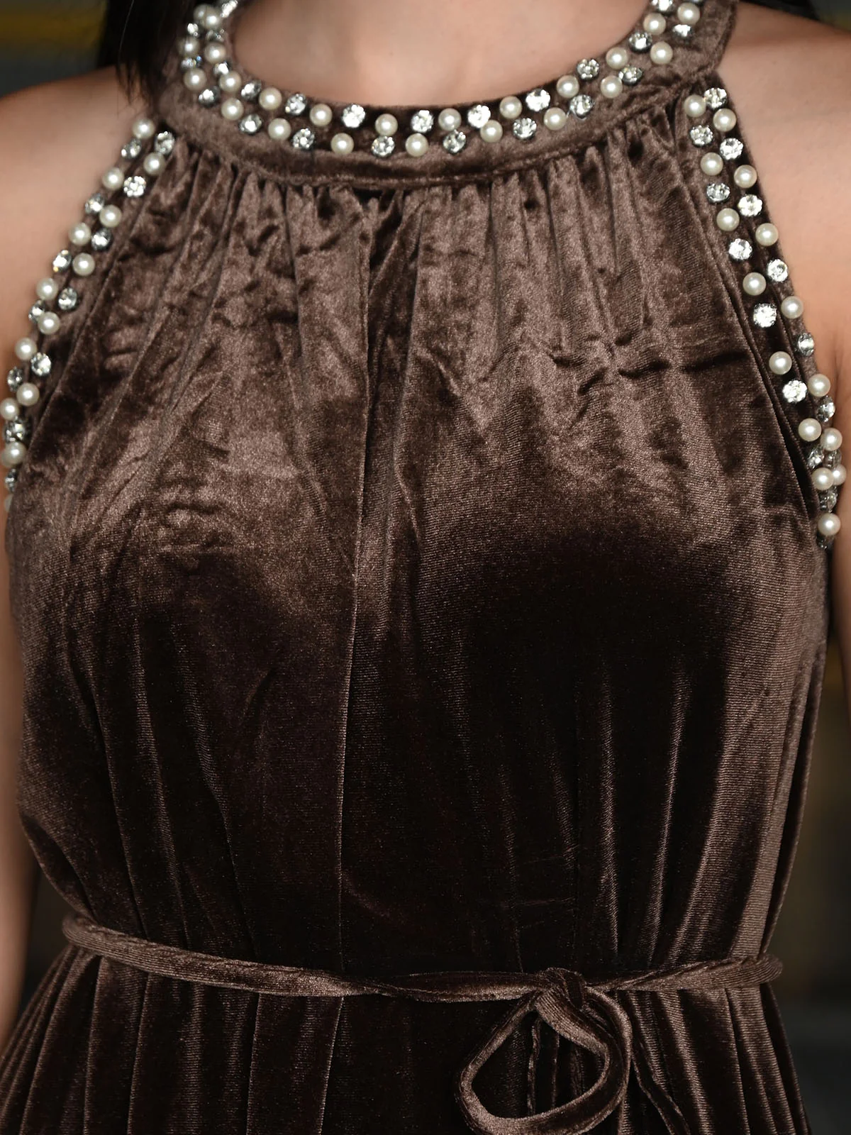 Odette Brown Velvet Embellished Dress For Women - Image 5