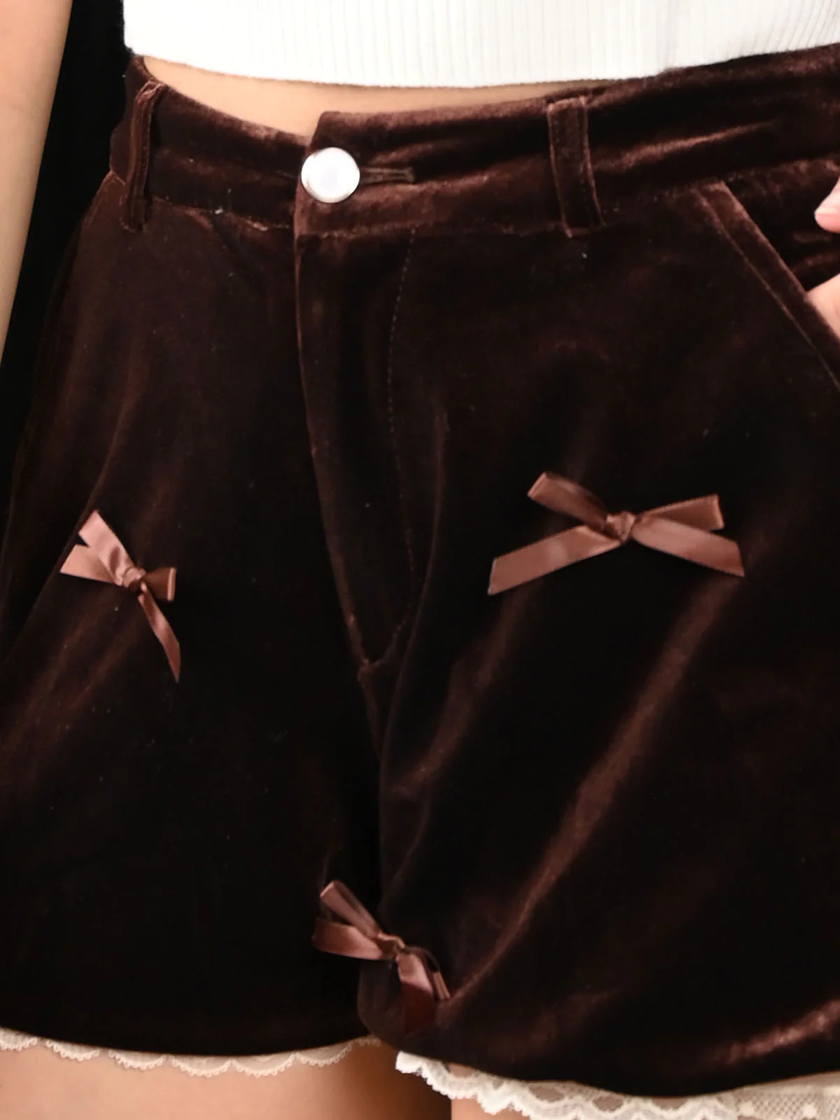 Odette Brown Velvet Embroidered Shorts For Women - Image 5