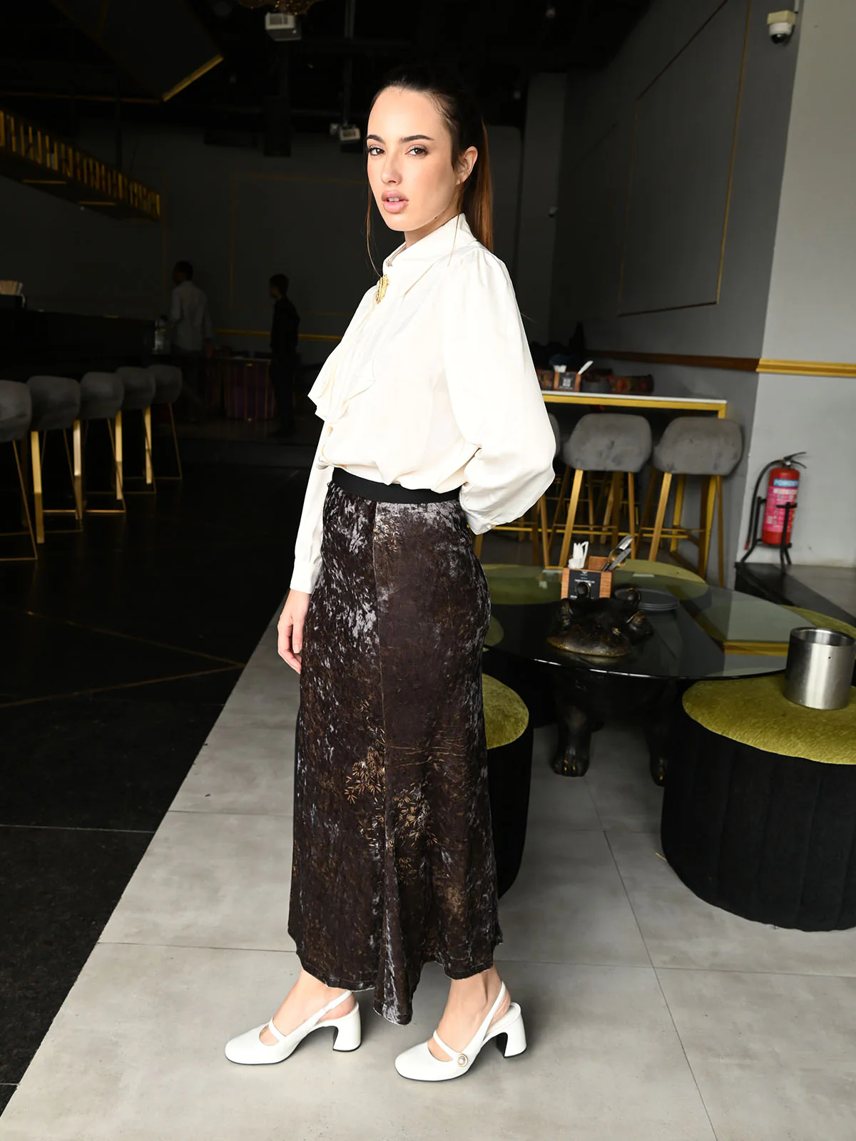 Odette Brown Velvet Printed Long Skirt For Women - Image 2