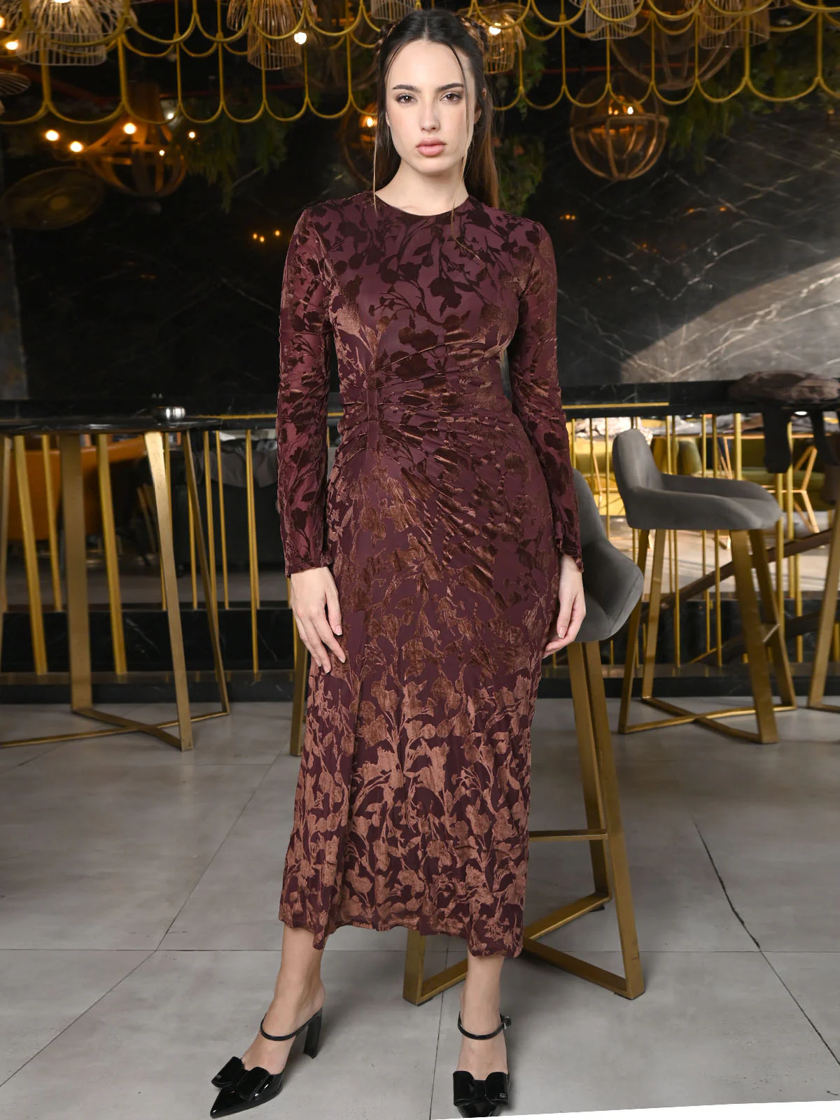 Odette Brown Velvet Woven Dress For Women - Image 2
