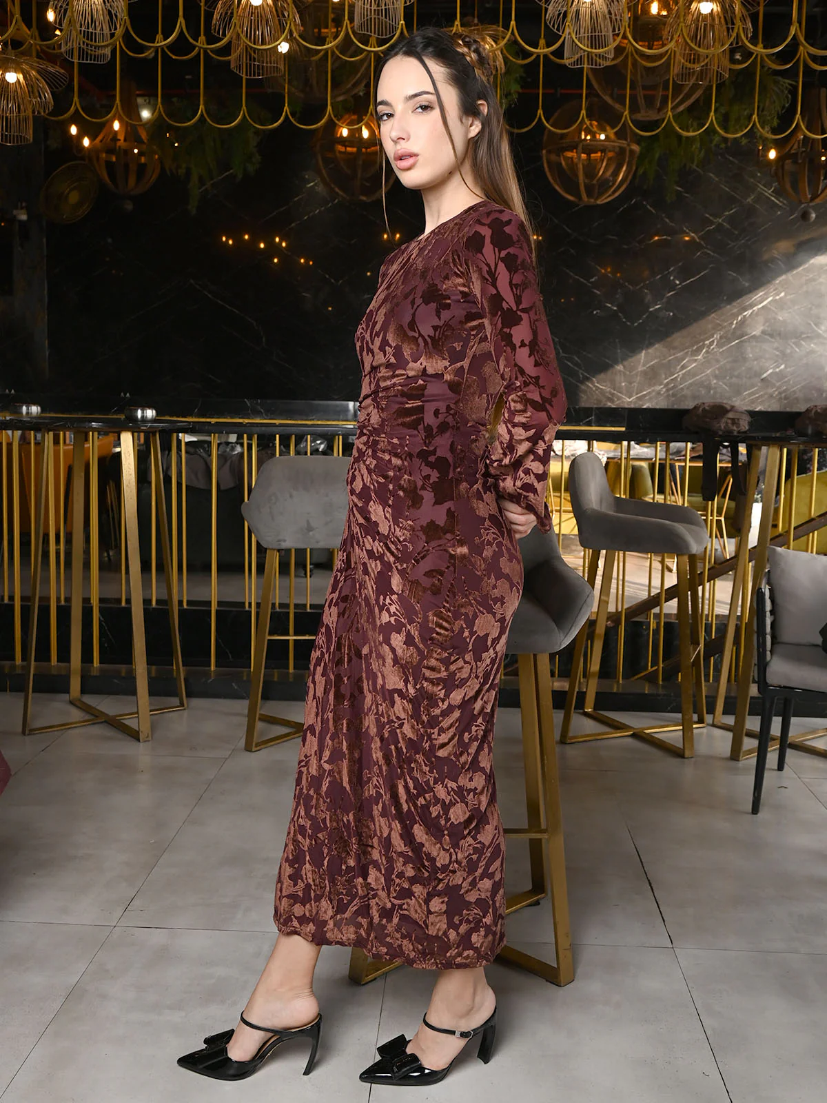 Odette Brown Velvet Woven Dress For Women - Image 3