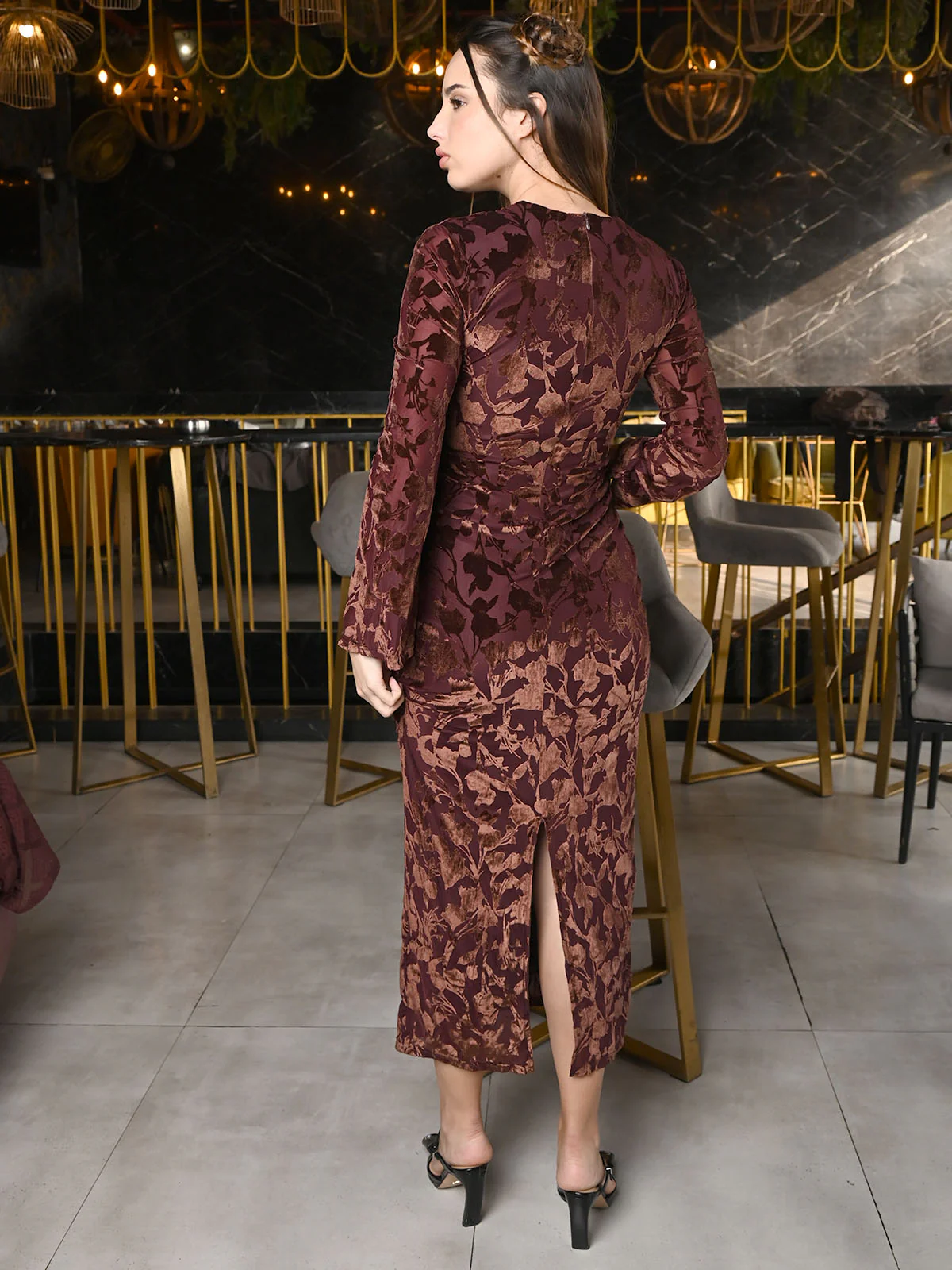Odette Brown Velvet Woven Dress For Women - Image 4