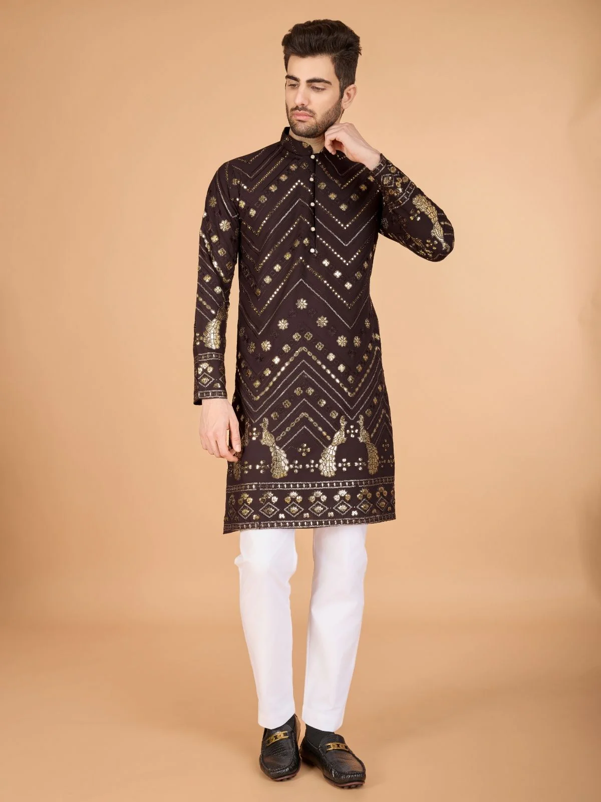 Odette Brown Viscose Rayon Embroidered Stitched Kurta For Men - Image 3