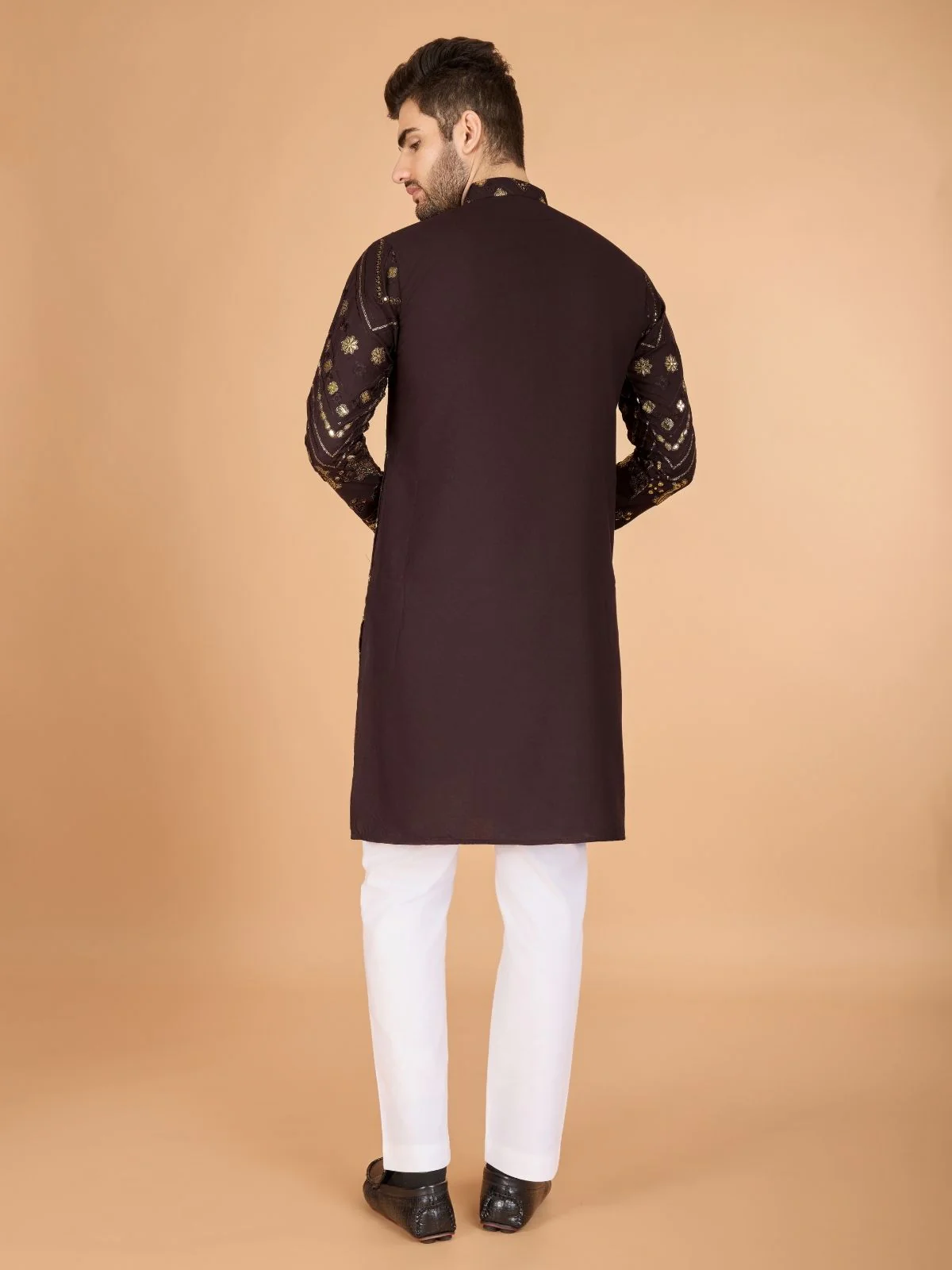 Odette Brown Viscose Rayon Embroidered Stitched Kurta For Men - Image 5