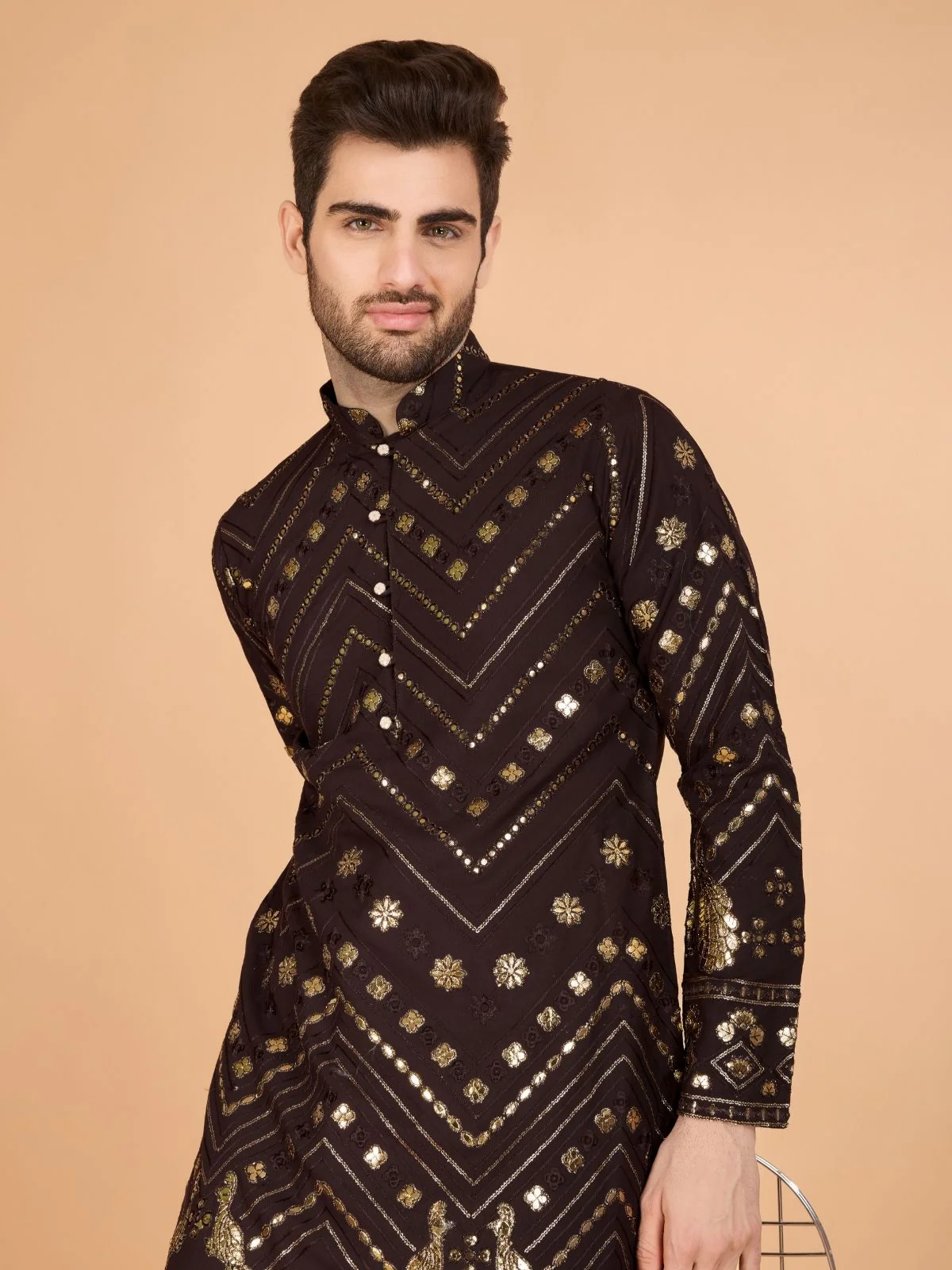 Odette Brown Viscose Rayon Embroidered Stitched Kurta For Men - Image 6