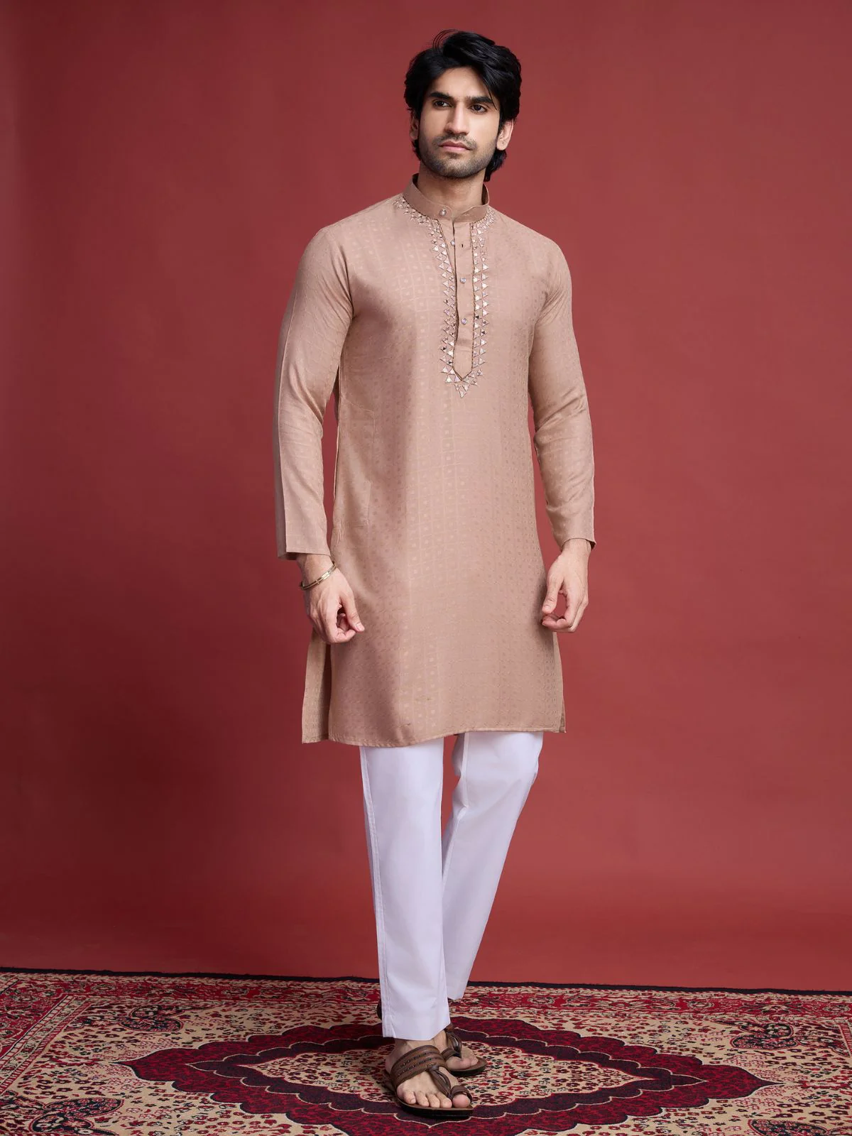 Odette Brown Viscose Rayon Mirror Work Stitched Kurta For Men - Image 2