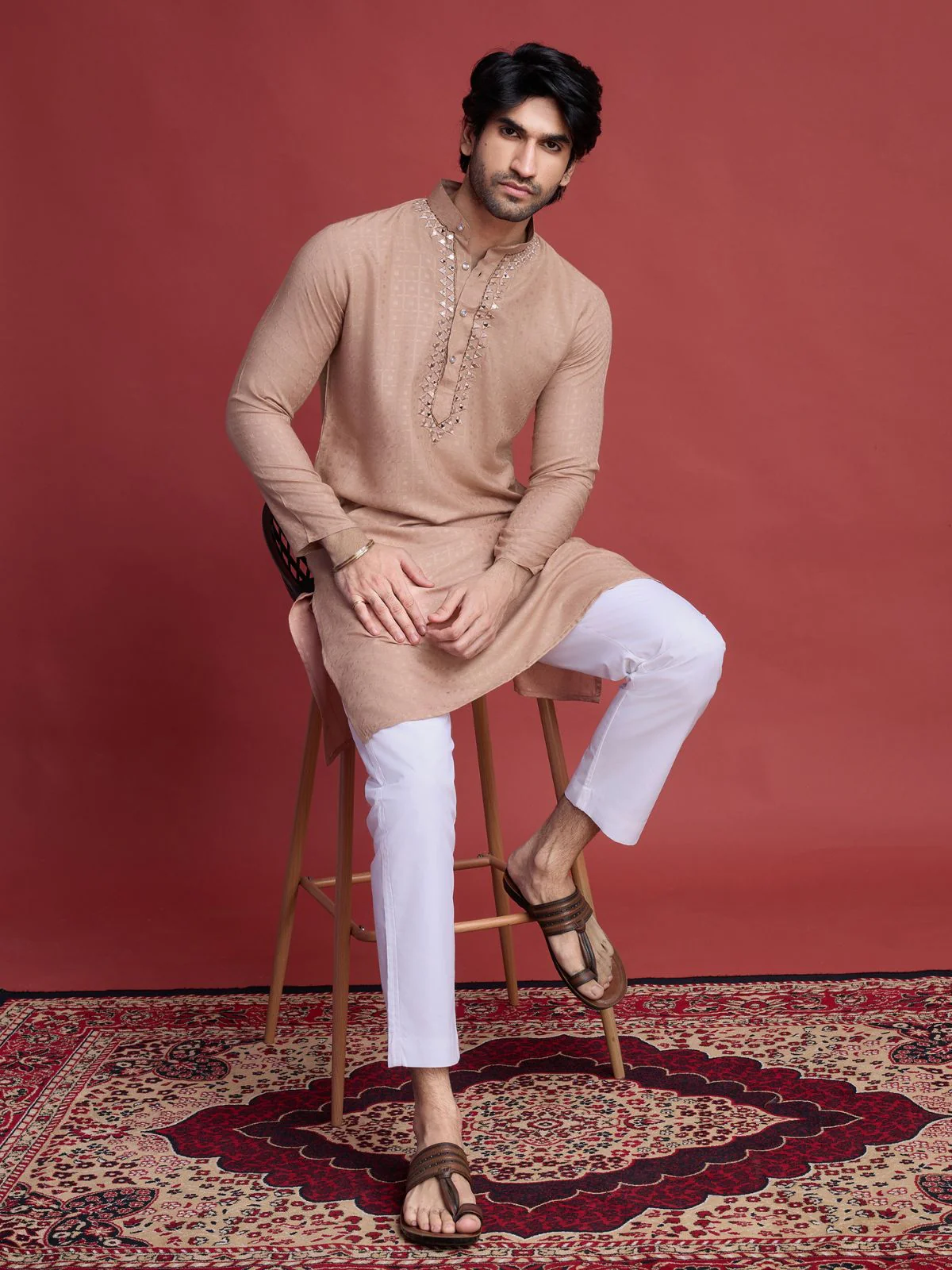 Odette Brown Viscose Rayon Mirror Work Stitched Kurta For Men - Image 4