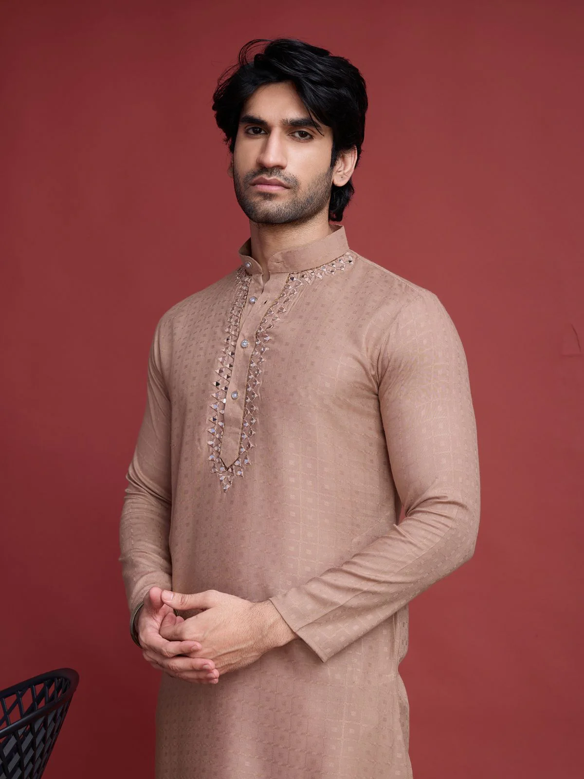 Odette Brown Viscose Rayon Mirror Work Stitched Kurta For Men - Image 5