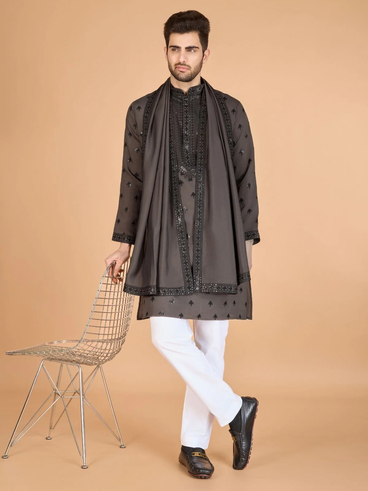 Odette Brown Viscose Silk Embellished Stitched Kurta For Men - Image 2