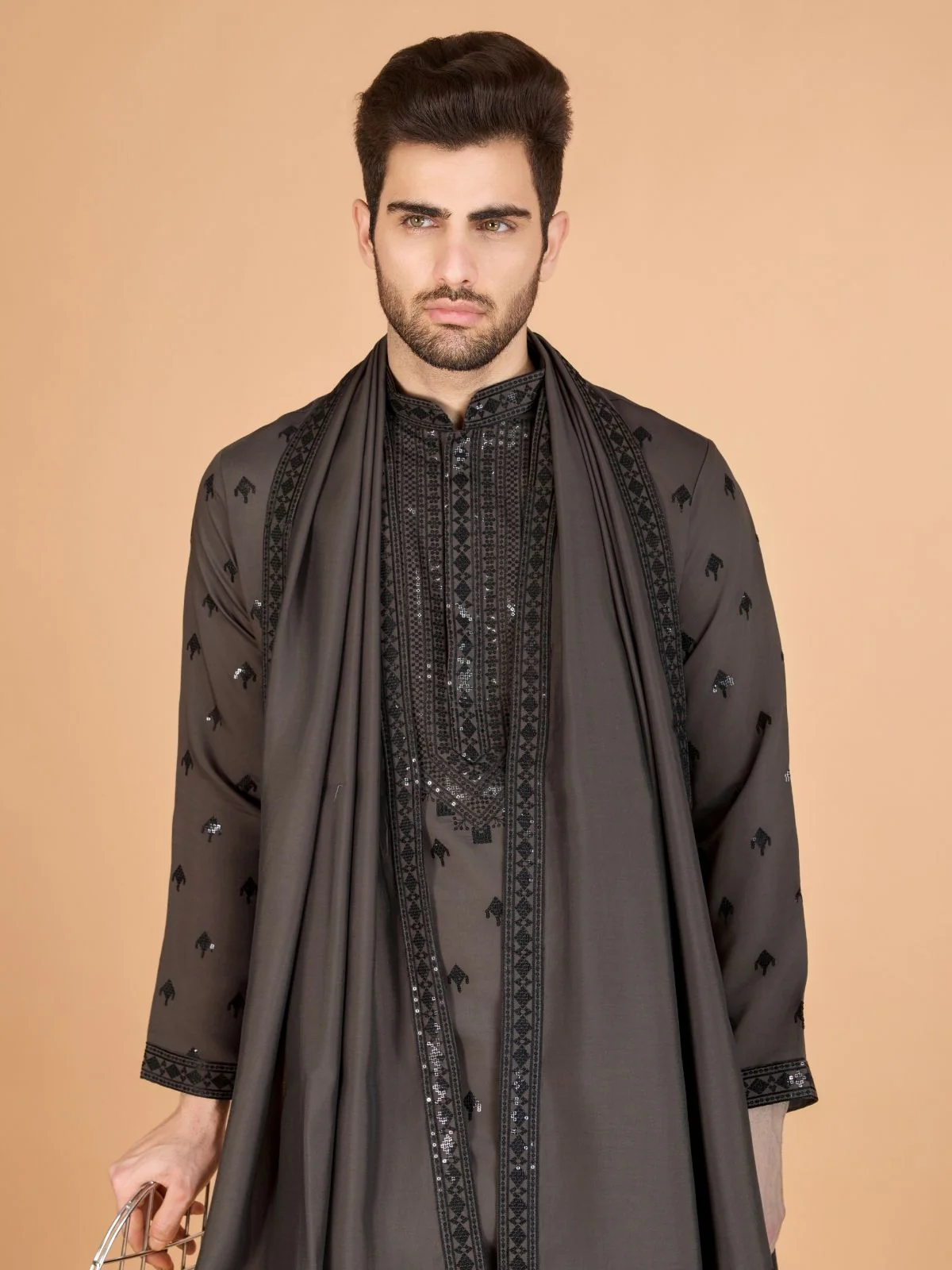 Odette Brown Viscose Silk Embellished Stitched Kurta For Men - Image 5