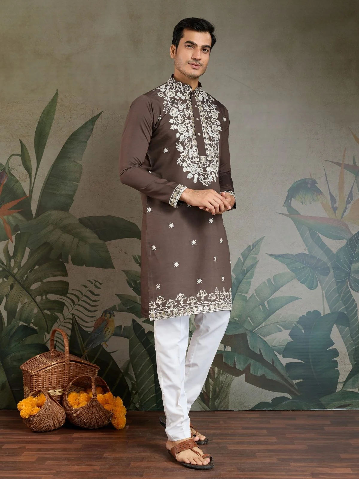 Odette Brown Viscose Silk Embroidered Stitched Kurta For Men - Image 4