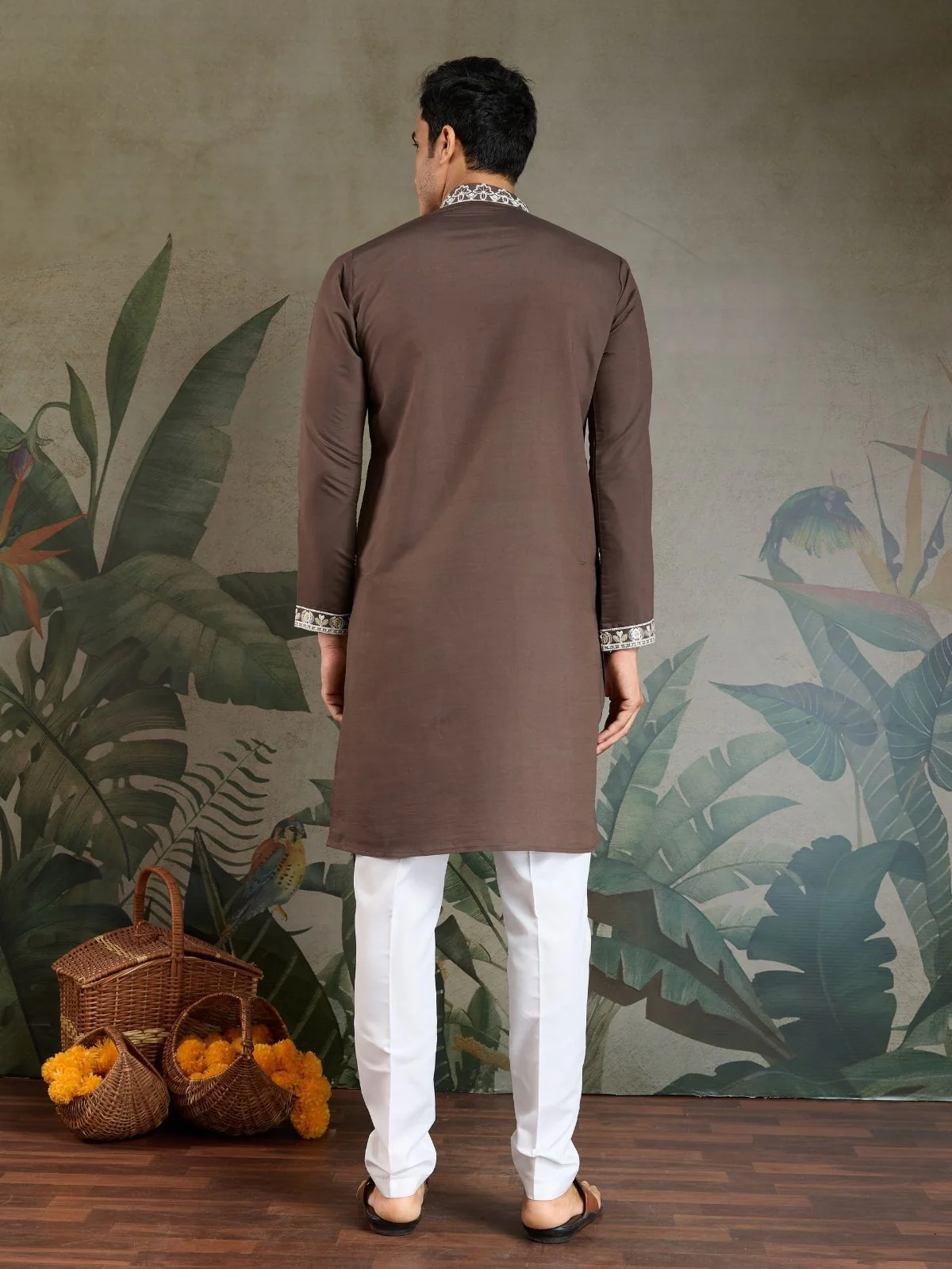 Odette Brown Viscose Silk Embroidered Stitched Kurta For Men - Image 5