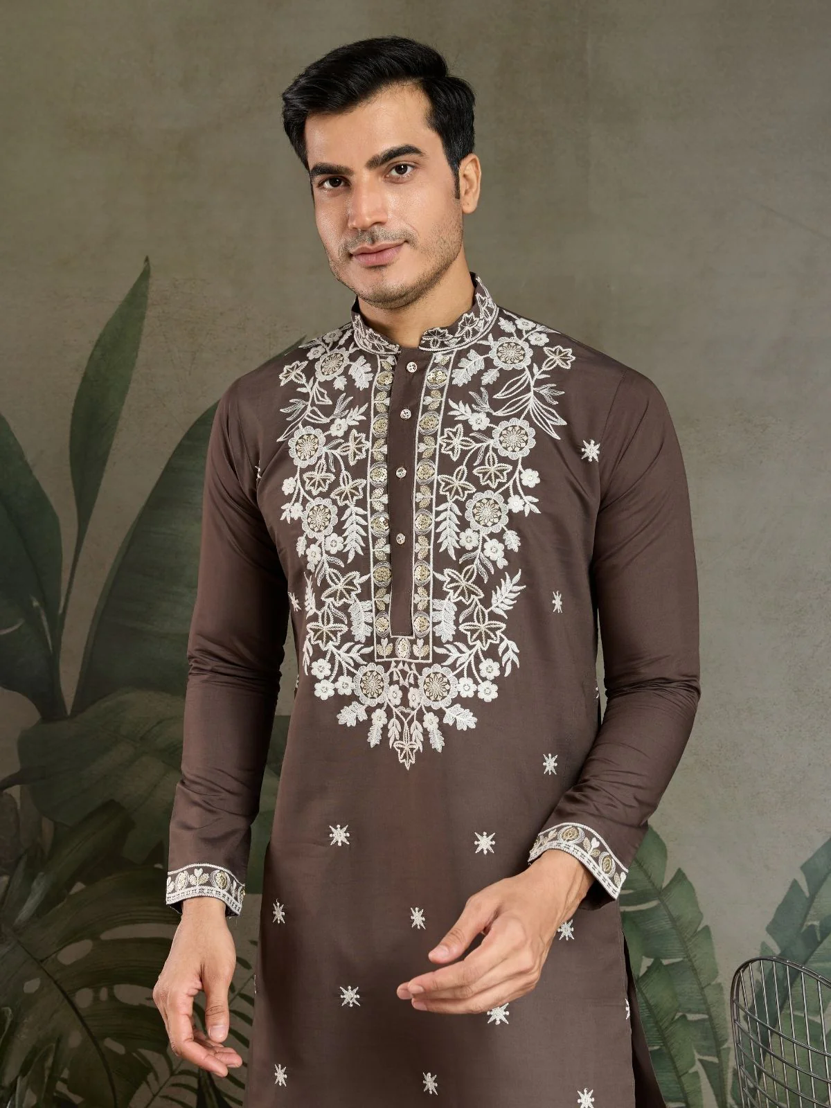Odette Brown Viscose Silk Embroidered Stitched Kurta For Men - Image 6