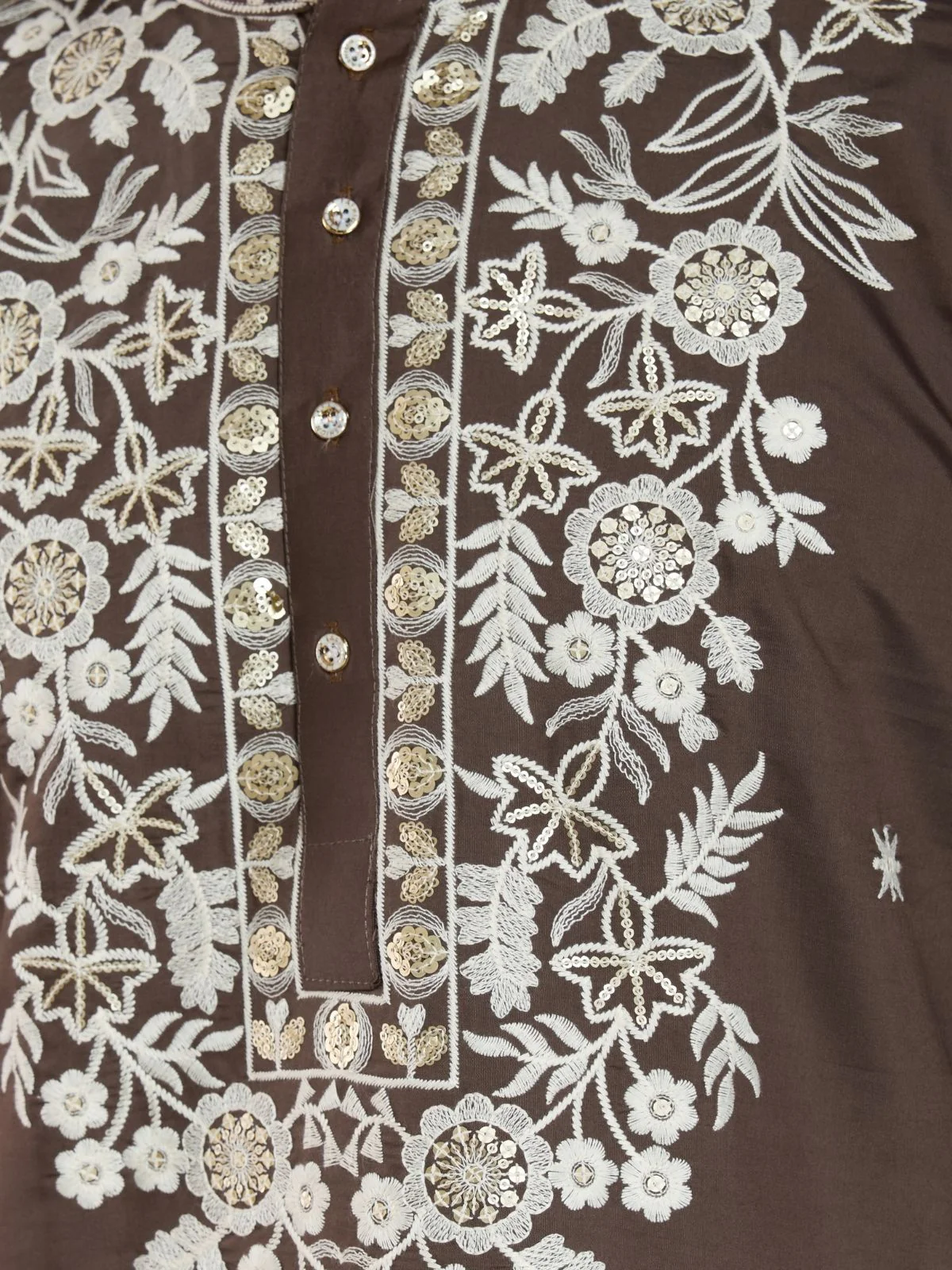 Odette Brown Viscose Silk Embroidered Stitched Kurta For Men - Image 8