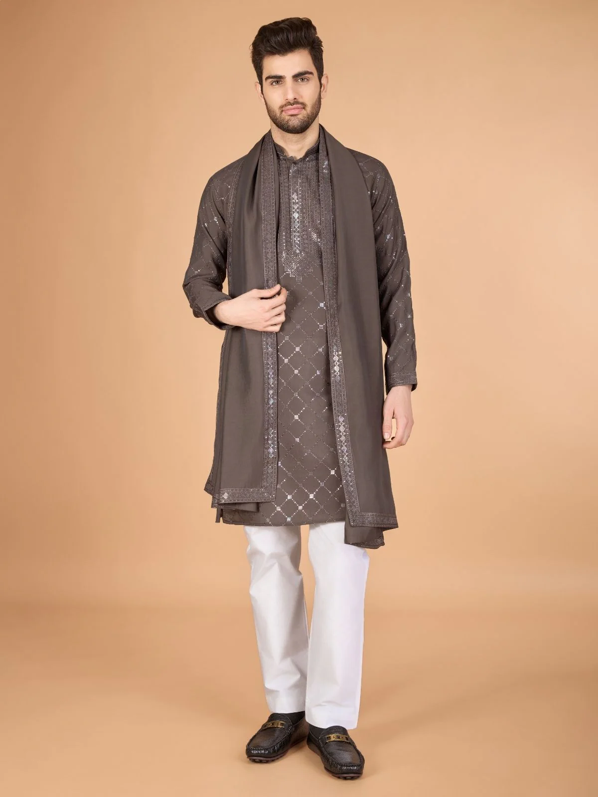 Odette Brown Viscose Silk Sequins Stitched Kurta For Men - Image 2