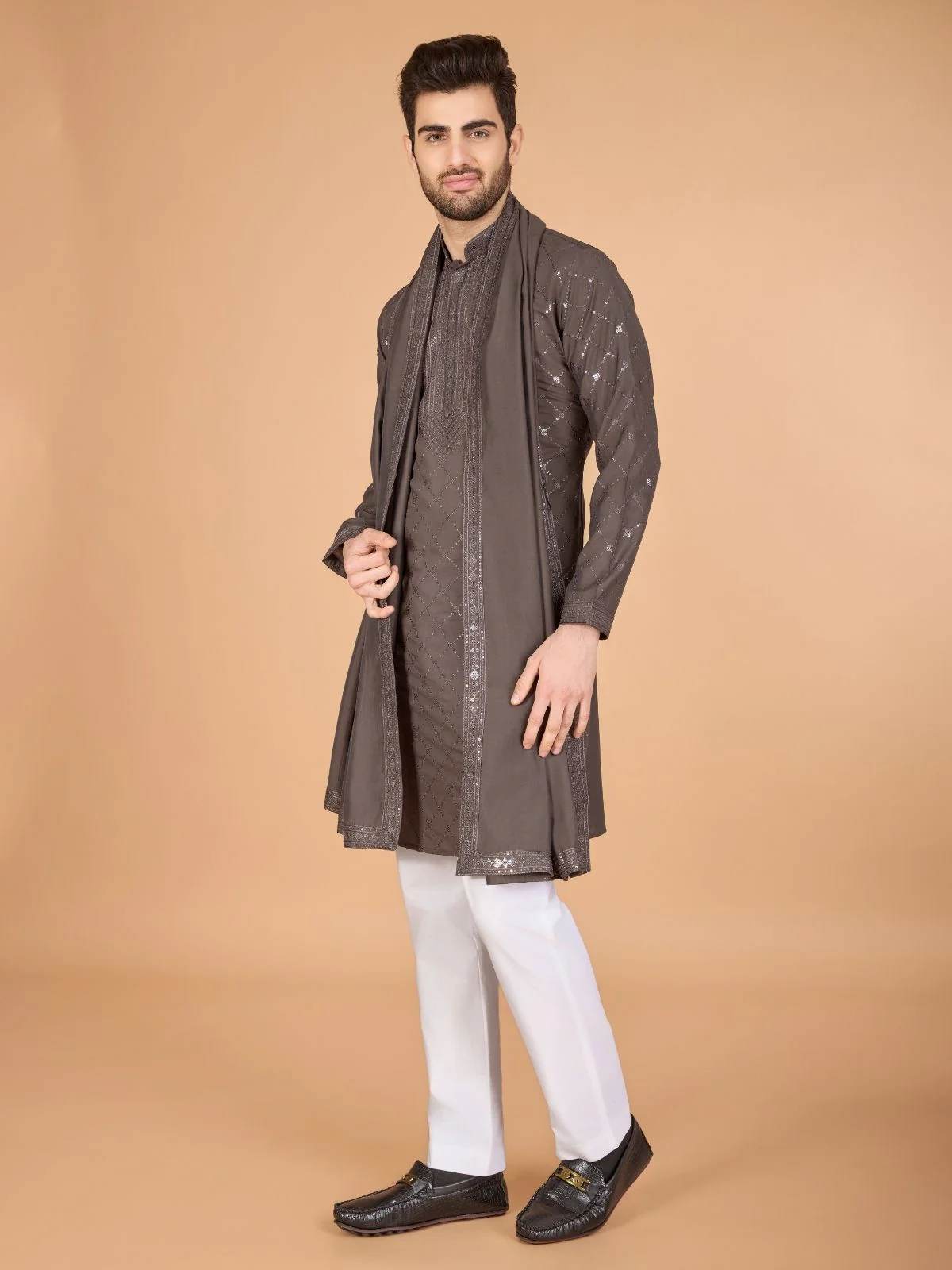 Odette Brown Viscose Silk Sequins Stitched Kurta For Men - Image 3