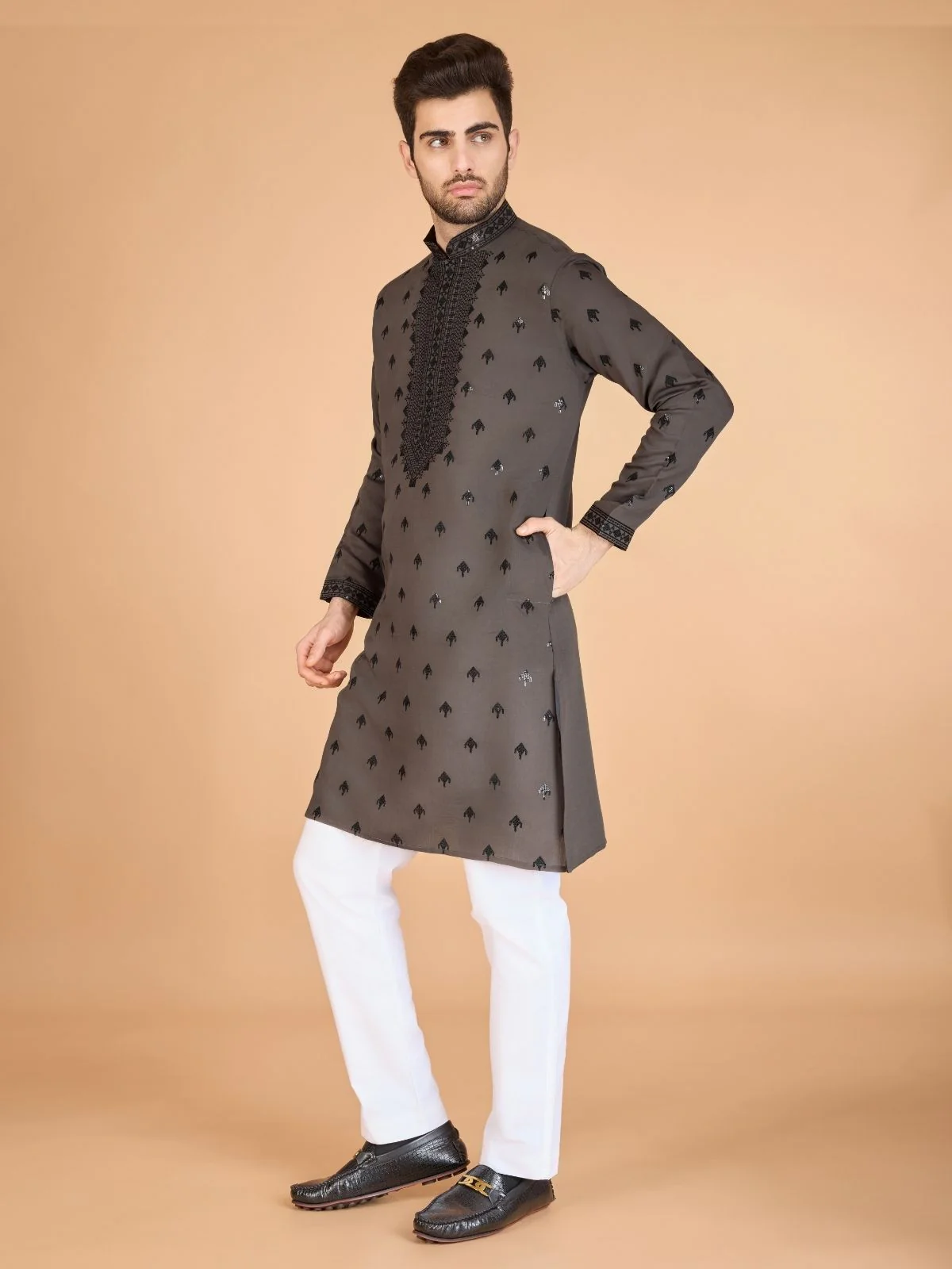 Odette Brown Viscose Silk Sequence Stitched Kurta For Men - Image 4
