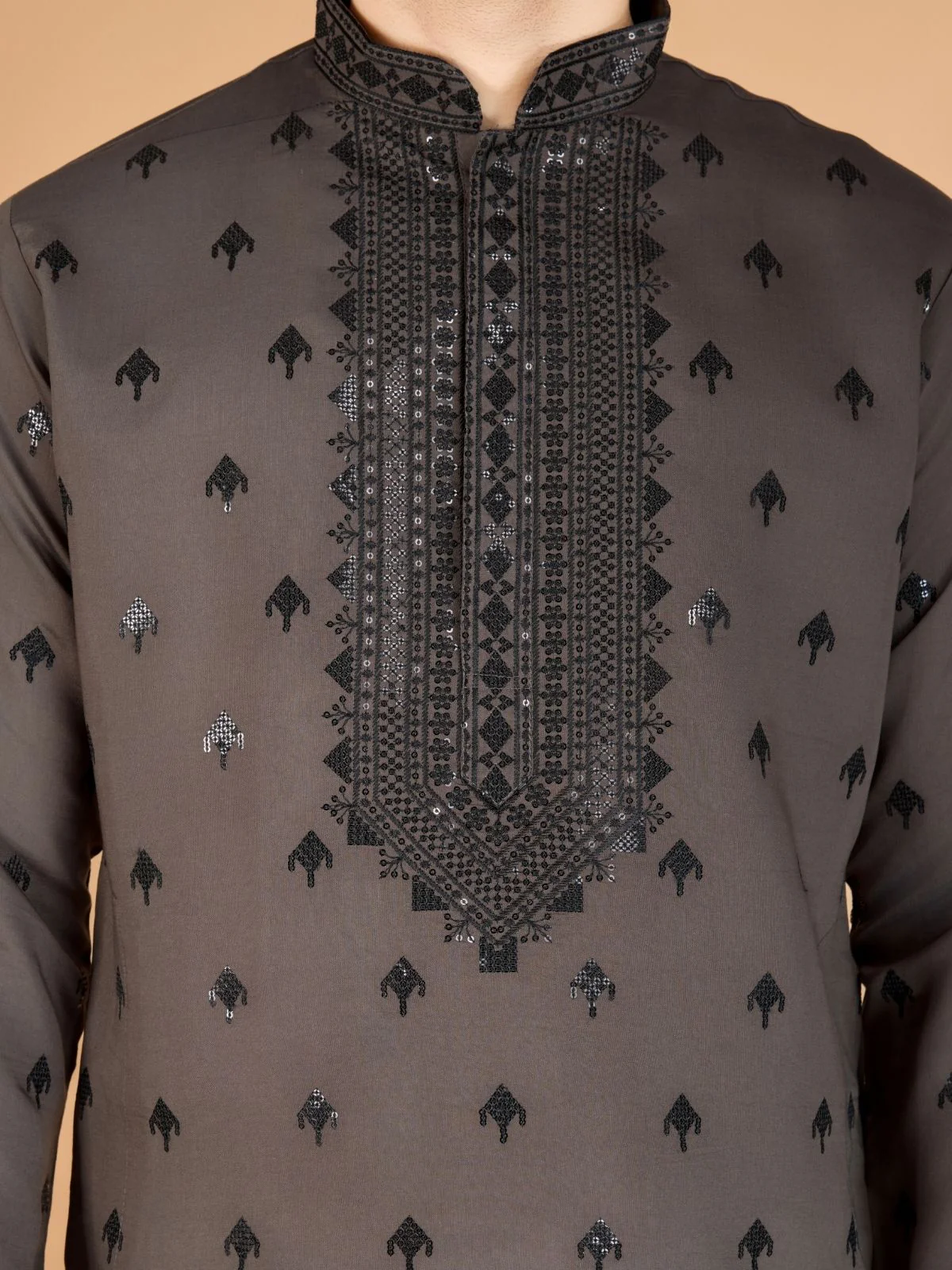 Odette Brown Viscose Silk Sequence Stitched Kurta For Men - Image 7