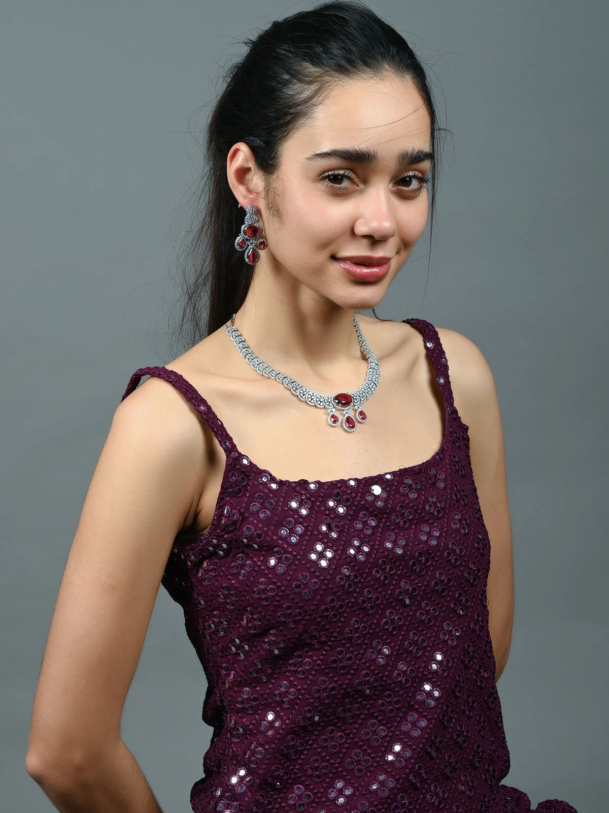Odette Burgundy Alloy Embellished Jewellery Set For Women - Image 2