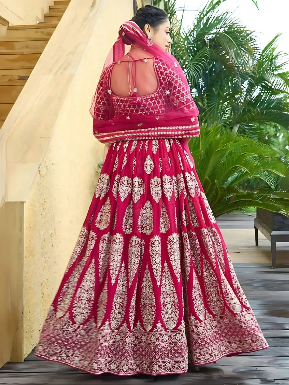 Odette Cherry Red Georgette Embroidered Semi-Stitched Lehenga For Women - Image 2